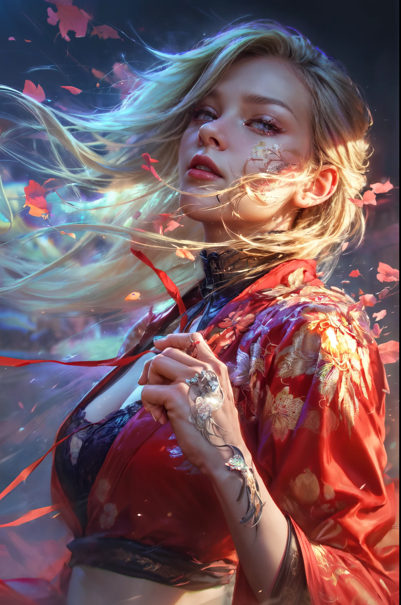 A close up of a woman with a red top and a red jacket - SeaArt AI