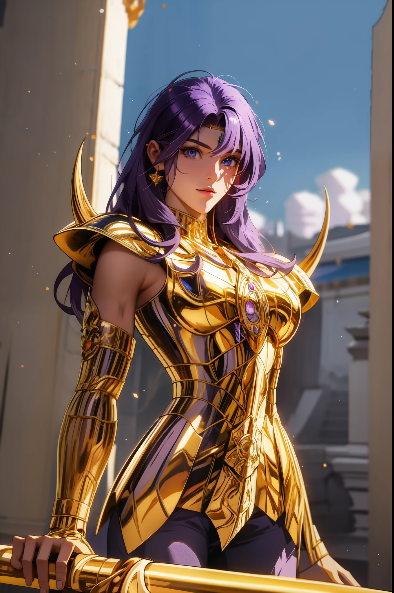 perfect eyes:1.2, detailed eyes:1.4, gold armor, armor, (purple hair:1.6), helmet, breasts, shoulder armor, medium hair, blue eyes, ScorpioArmor, Golden Armor, shoulder_armor decoration, forehead protector, forehead armor, forehead jewel, greek ruins background, golden shinning armor, cowboy shot, 1girl, solo, (masterpiece:1.6, best quality), 8k, insane details, intricate details, hyperdetailed, hyper quality, high detail, ultra detailed, professional, HDR, ray tracing reflection, cinematic lighting
