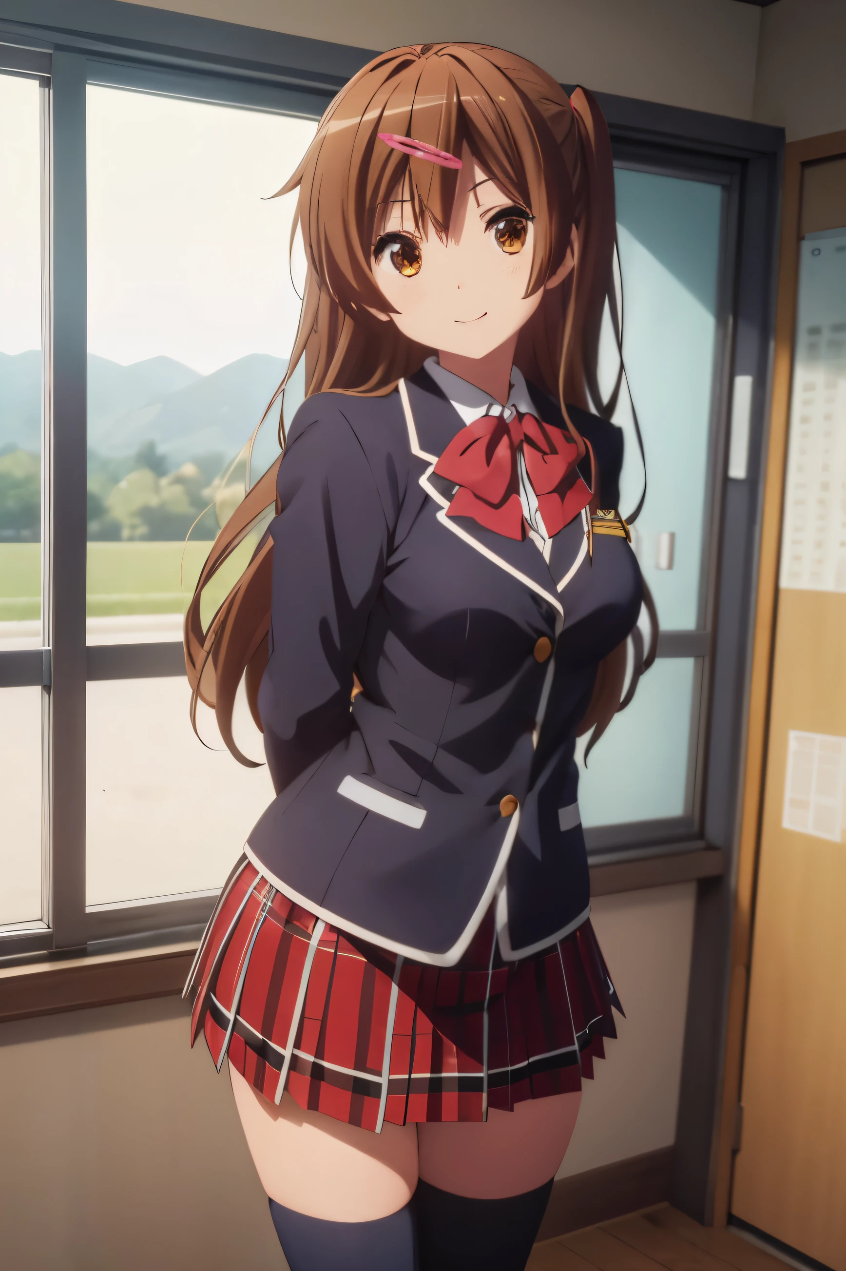 (((picture perfect))), (absurdres), 1girl, solo, shinka nibutani, school uniform, jacket, plaid skirt, smile, arms behind back, looking at viewer, classroom,