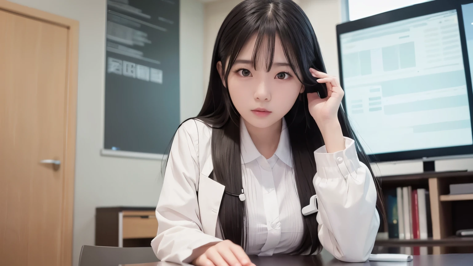 highest quality、high resolution、4k、panoramic view:1.2、Future、最Advanced Technology、graduate School、Research room、Mystery device、professor's room、Advanced Technology、Monitoring device、A young female assistant wearing a white coat looking at the monitor、wearing a miniskirt、long black hair
