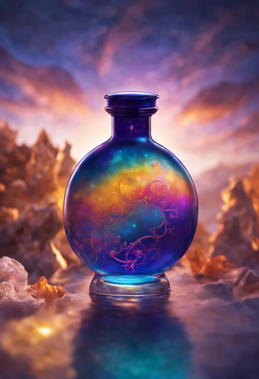 A potion of luminous, pearlescent liquid looking like a deep sunrise, in an elegantly shaped bottle with runes. The backdrop is a vibrant, ageless utopia, reflecting the potion's gift of everlasting youth and beauty