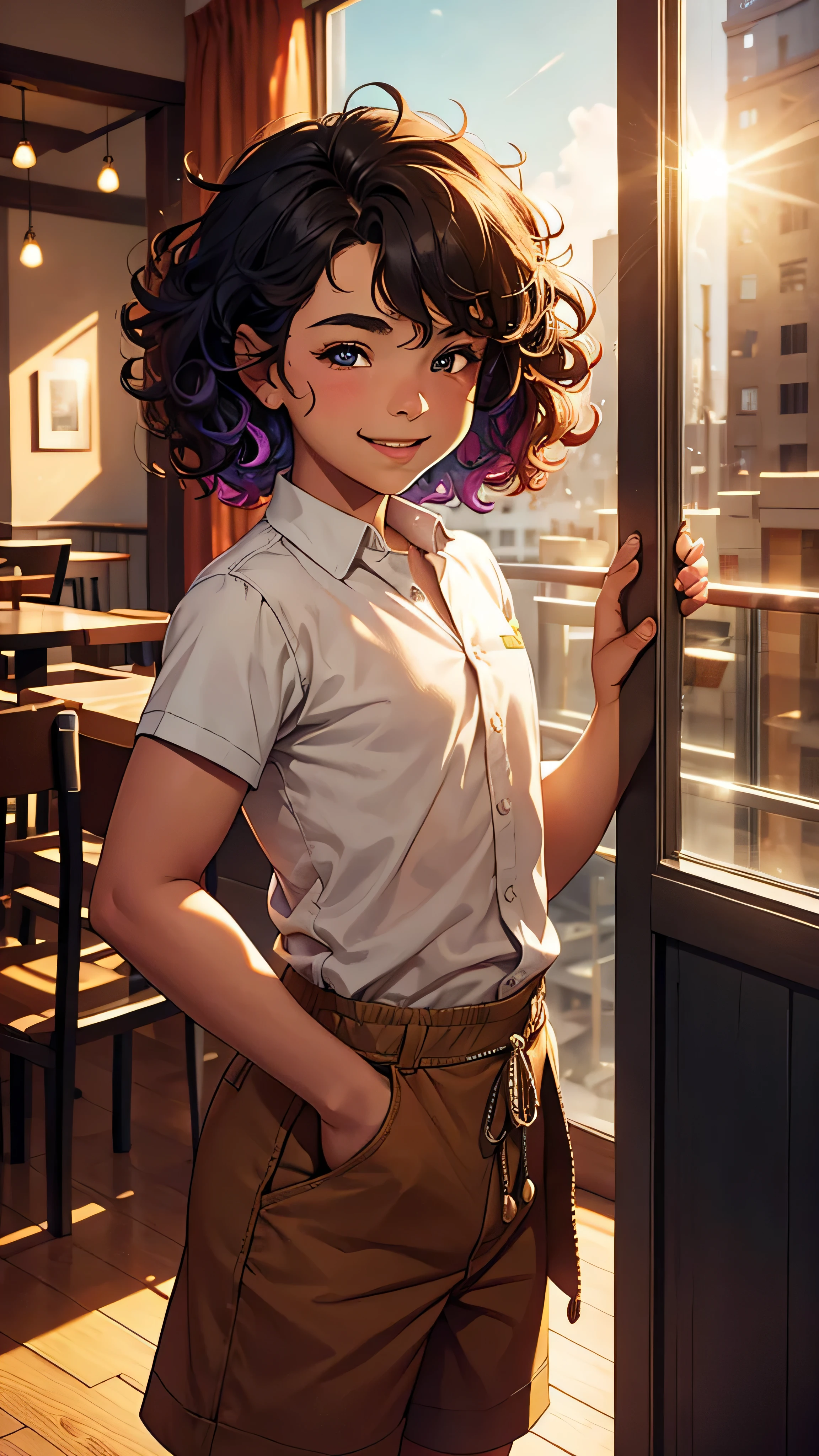 "smiling 10-year-old boy ??? in hotel coffee shop,cinematic,morning sunlight,expressive eyes,curly hair,smiling expression,vibrant colors,bokeh,soft lighting,artistic rendering,detaiented,playful atmosphere,realistic textures"