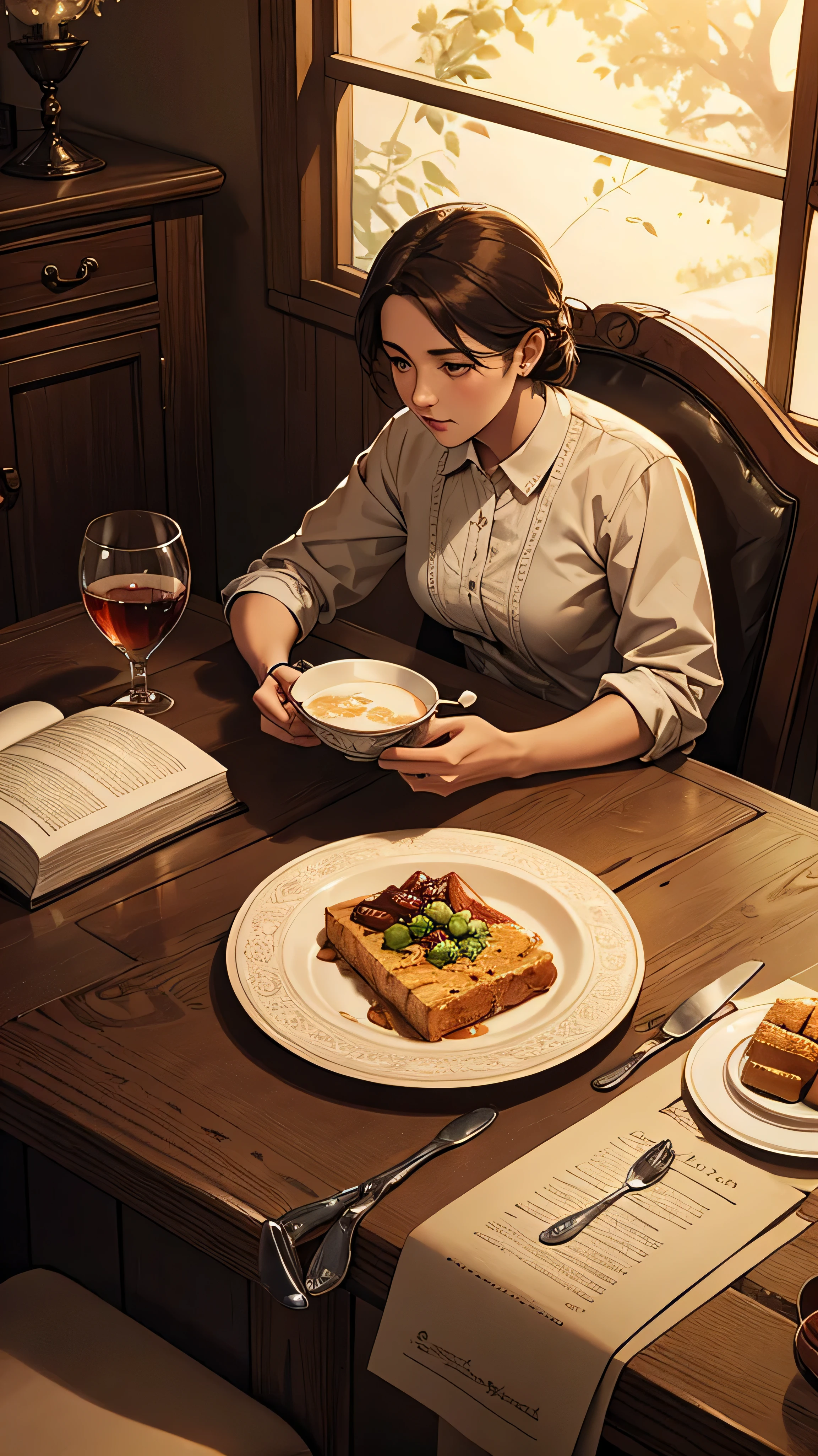 15 Dollars at the Table, pencil sketch, detailed tablecloth, wooden table surface, vintage cutlery, old-fashioned teacup set, elegant wine glass, natural lighting, warm color palette, high-resolution, crisp focus, exquisite shading, realistic textures, intricate linework, nostalgic atmosphere.