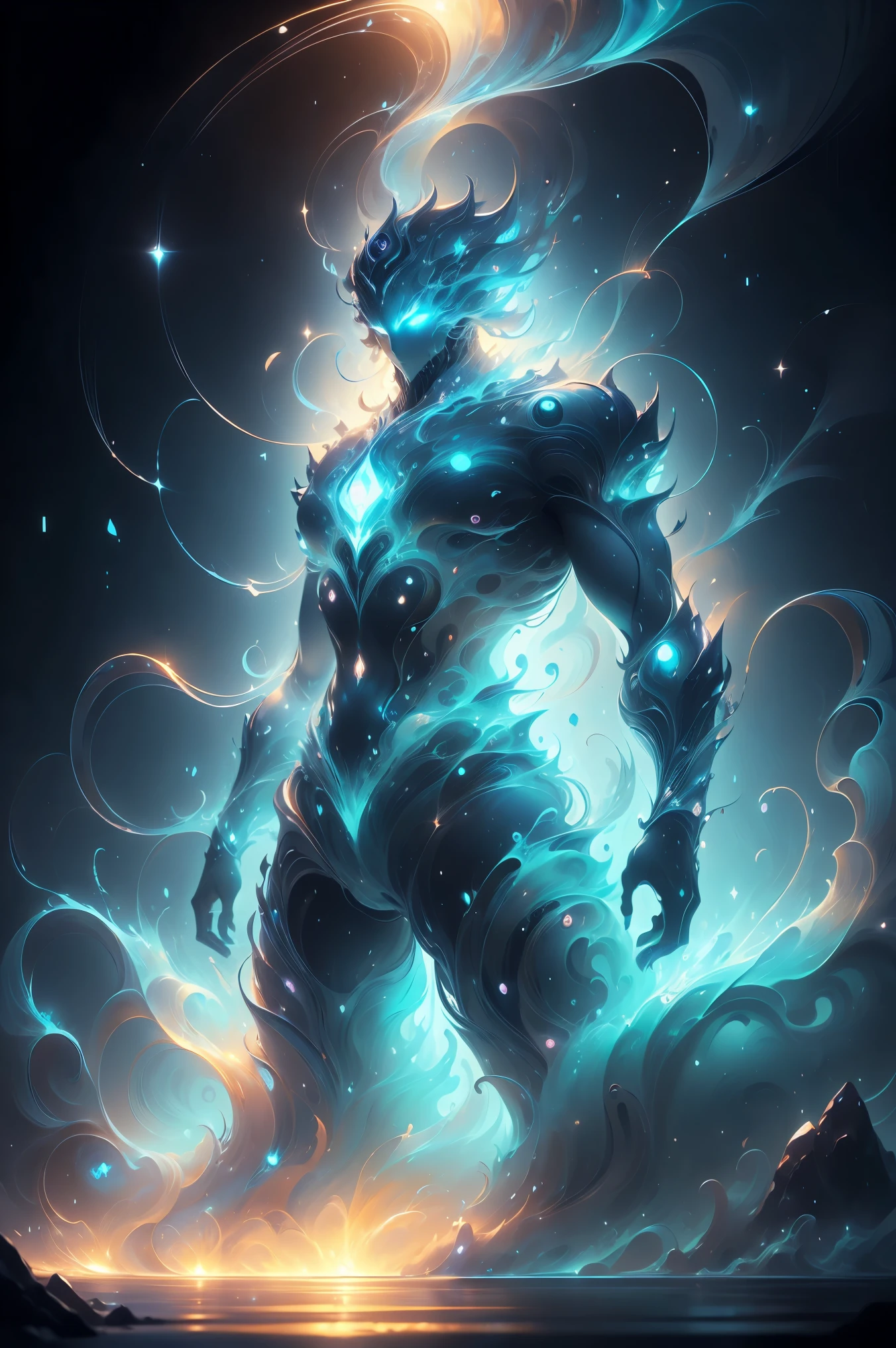 Giant God Soldier made of water element, water element, giant thing, made of water, water texture, legendary elemental creature, blue water element, fantasy divine energy creature, giant god soldier, water, water element, amazing momentum, glowing blue eyes gaze at the viewer，Upward viewing angle