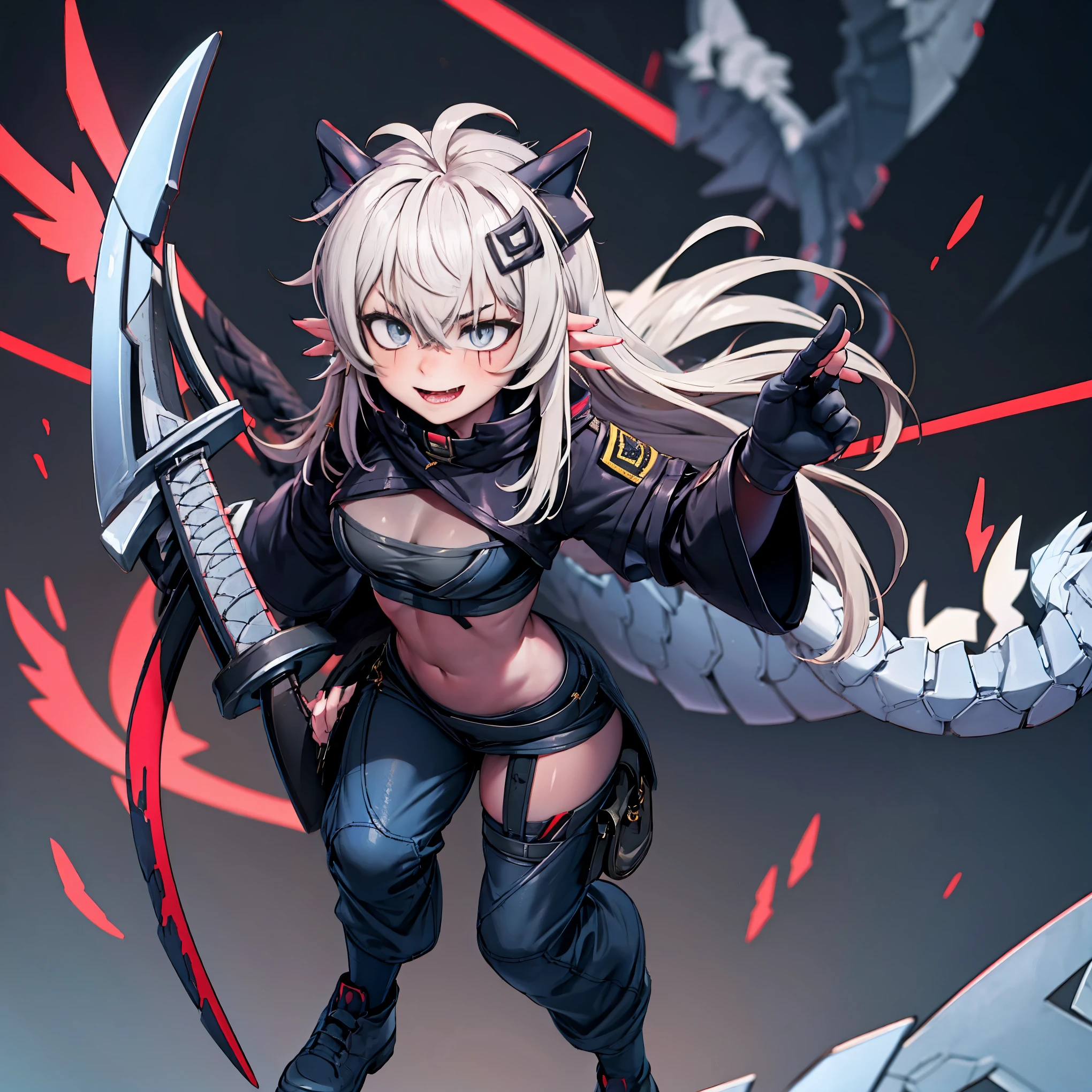 masterpiece, shoulder length white hair, female, 2 white fox ears, teenage girl, slime body, white scale dragon tail, military boots,black leggings, military combat pants, black T-shirt, white jacket open, medium size chest, detailed blue eyes,solo female,1 dragon tail, tomboyish, thick dragon tail, white scales, 2 dragon wings, white fluffy dragon wings, detailed face, holding a katana sword,very detailed, amazing details,solo female,  height, ,