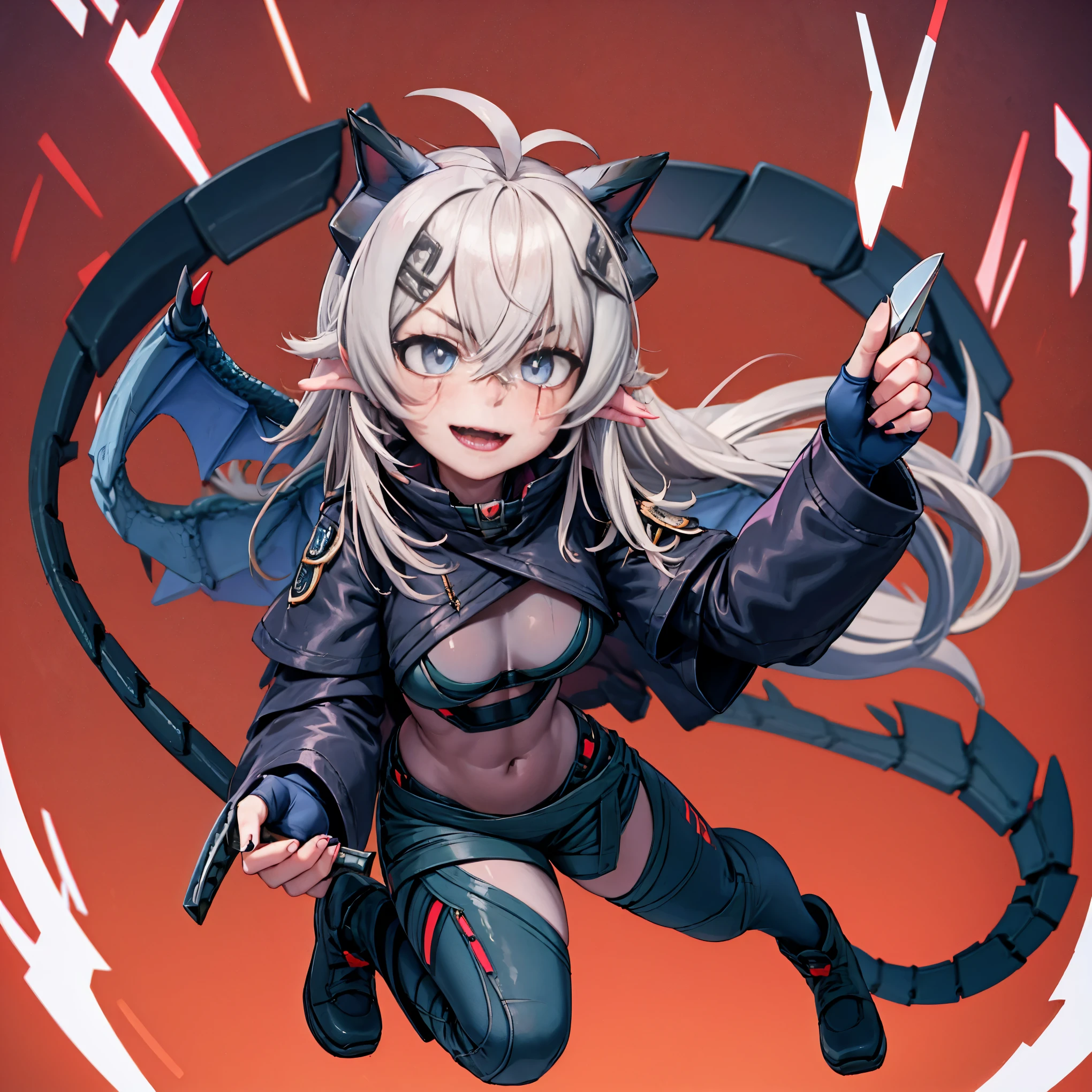 masterpiece, shoulder length white hair, female, 2 white fox ears, teenage girl, slime body, white scale dragon tail, military boots,black leggings, military combat pants, black T-shirt, white jacket open, medium size chest, detailed blue eyes,solo female,1 dragon tail, tomboyish, thick dragon tail, white scales, 2 dragon wings, white fluffy dragon wings, detailed face, holding a katana sword,very detailed, amazing details,solo female,  height, ,