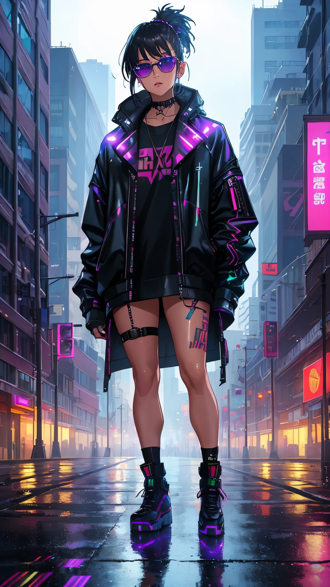 (best quality,4k,8k,highres,masterpiece:1.2), ultra-detailed, (realistic,photorealistic,photo-realistic:1.37), digital art, vibrant colors, neon lights, cyberpunk, futuristic, mixed media, short hairstyle, confident expression, dramatic lighting, cityscape, glowing tattoos, piercing, rebellious attitude, stylish accessories, edgy fashion, street art, urban atmosphere, dynamic pose, intense gaze, energetic background, electro music, holographic elements, dark tones, urban decay, rain-soaked streets, reflective surfaces, cool sunglasses