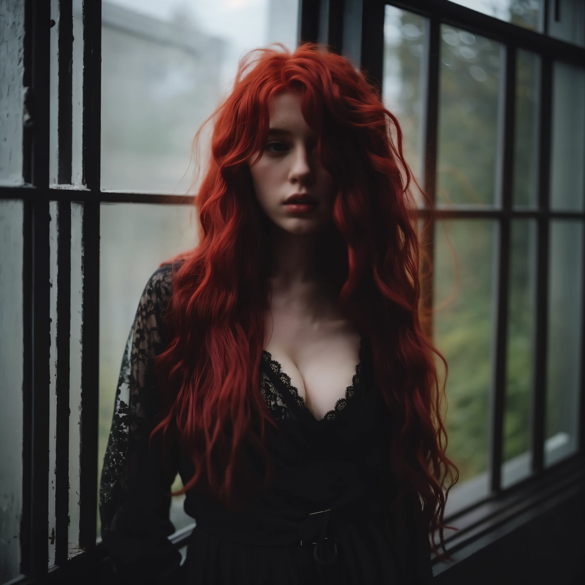 arafed woman with Red hair standing in front of a window, Long red waist-length hair, lots of merlot, Inspired by Elsa Breda, with long Red hair, Red hair女人, with Red hair, Awesome and moody, with curly Red hair, Messy black / Red hair, Red haired goddess, long Red hair, long red hair, Alessio Albi