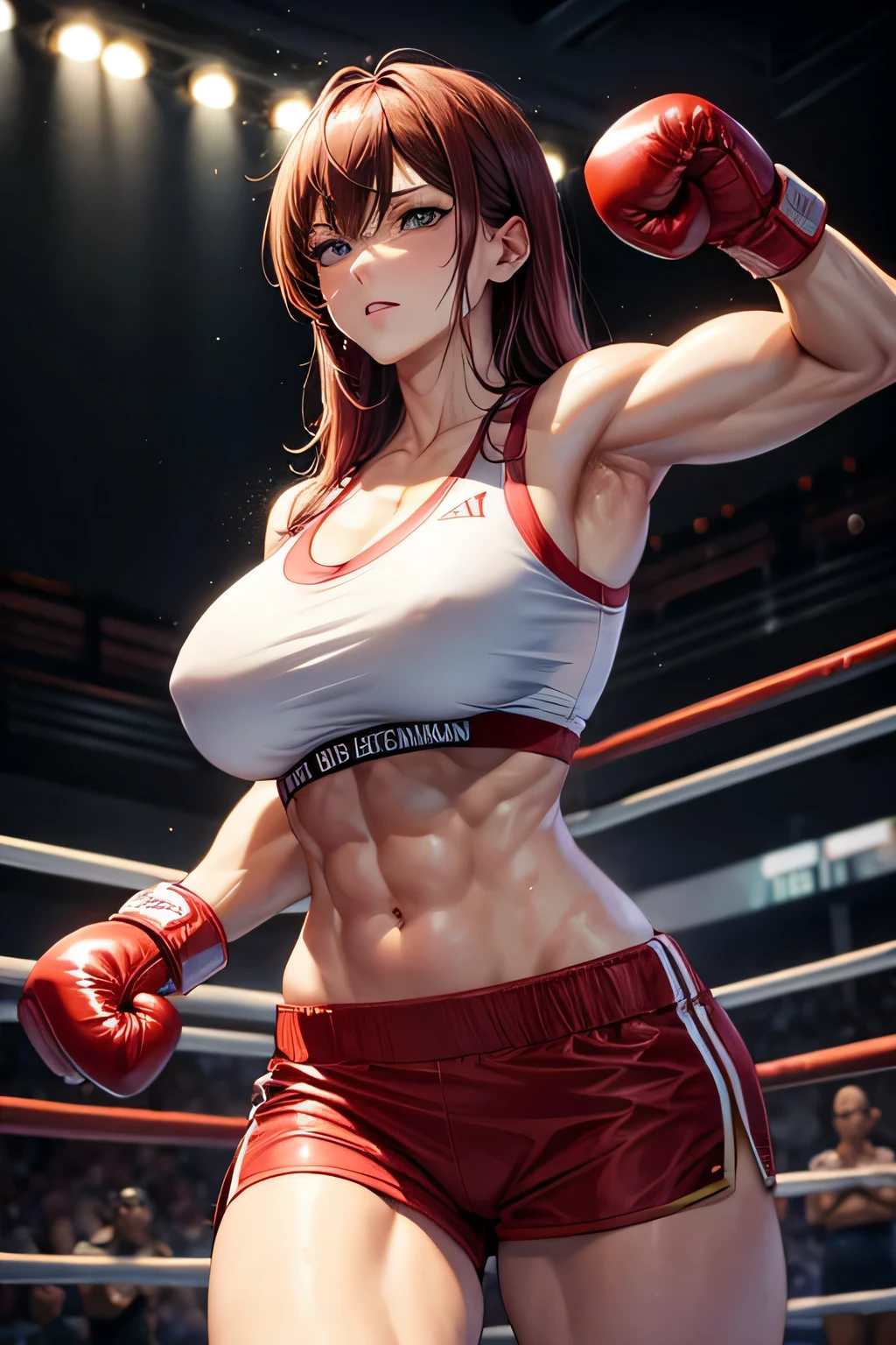 very large heavy muscles, female punches, boxing in the boxing ring, strong, very big strong and Muscular body, shy look, Wearing boxing gloves, very large breasts,
Dong Kingman,35 megapixels,, hot, sweat, action, Ready for love, Red hair,  medium breed, Wetcore,Weibozh,Muscular, Muscular female, Hips, correspond, press, muscle leg, arm muscles, Back muscles