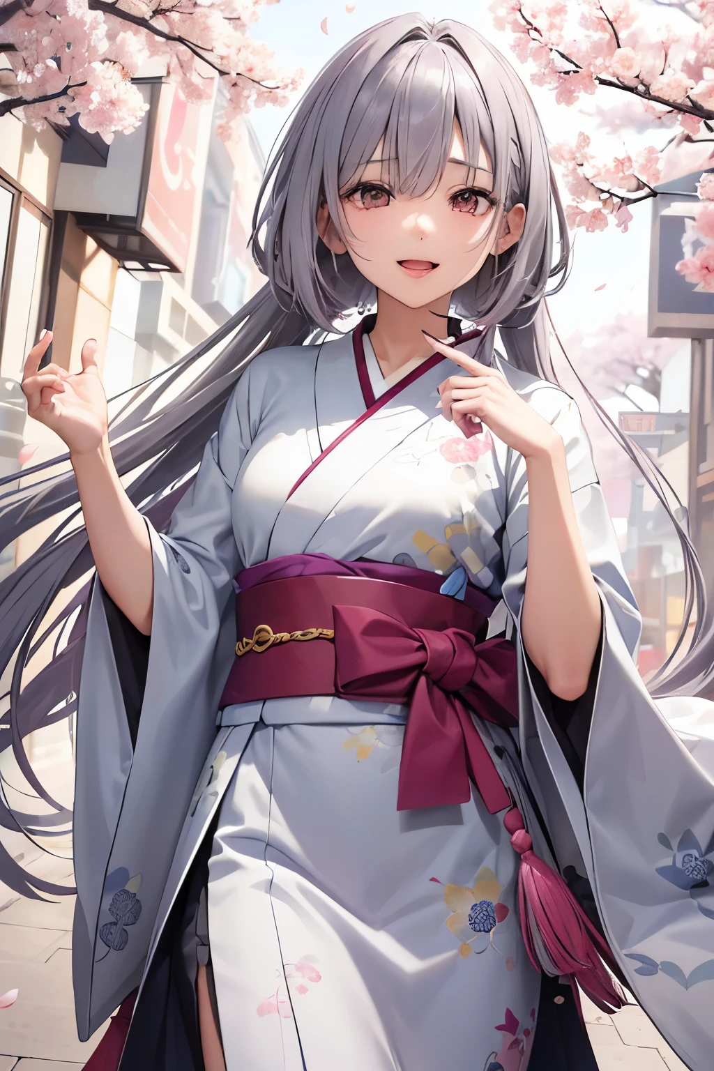 A 18 years old Japanese lady(( small breast, slender)),((put her hands on her mouth )), bluish gray medium hair(( voluminous side undercut hair ))(( much shaggy forelock:1.3)),((hair over both eyes completely:1.5)), tidy  yukata ((dianthus patterns )),Japanese style coat((cherry blossoms color )),(( half moon motif’s hairpin )) , shiny pink big round droopy eyes, blush and passionate smile, fearless atmosphere, neatly posing,tongue out, best quality