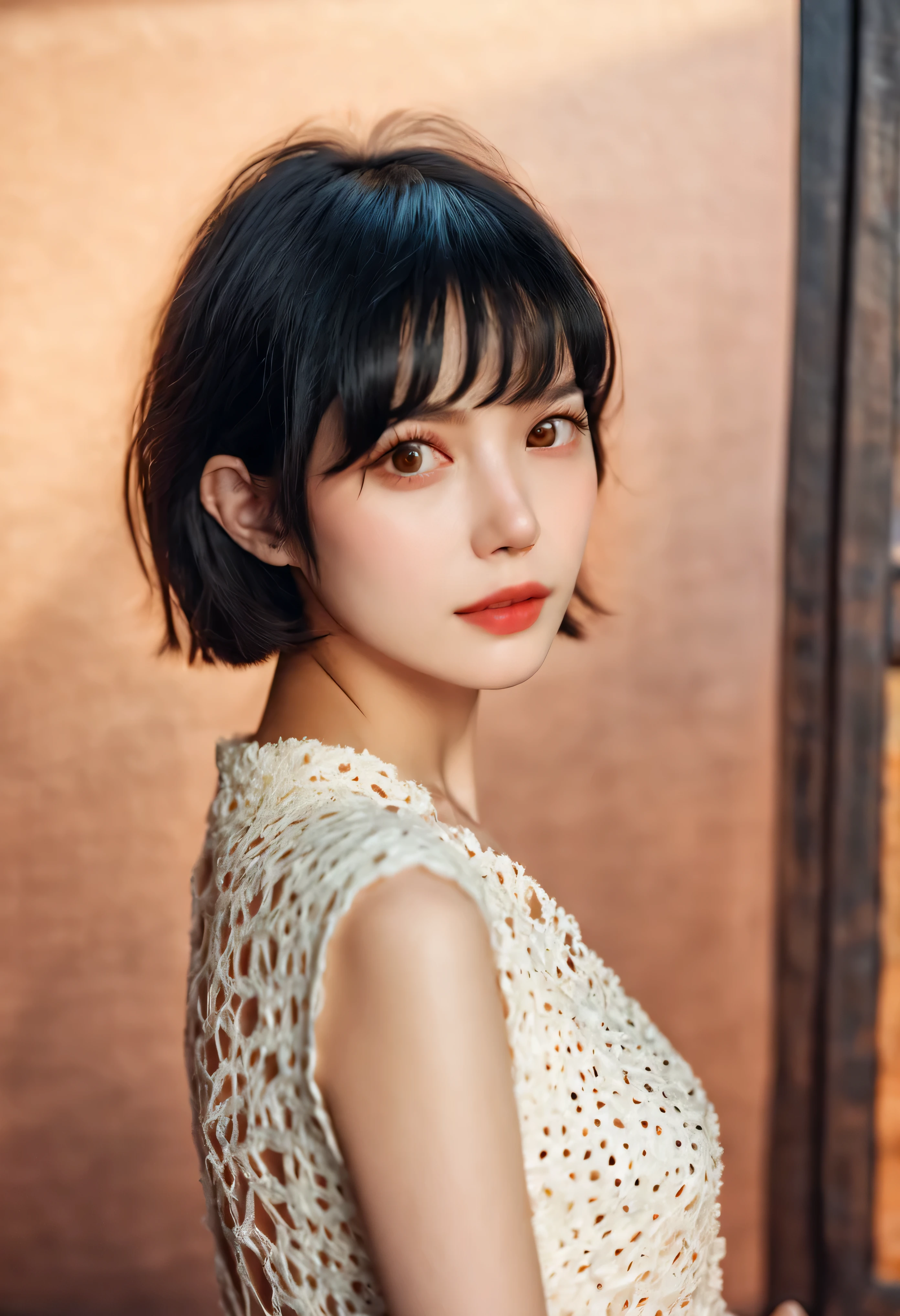 masterpiece,best quality, (Delicate skin:1.2), film grain, 32k, original photo,8k ultra high definition,
actual,simple background,
1 girl, short hair , black hair, portrait, miss, brown eyes,