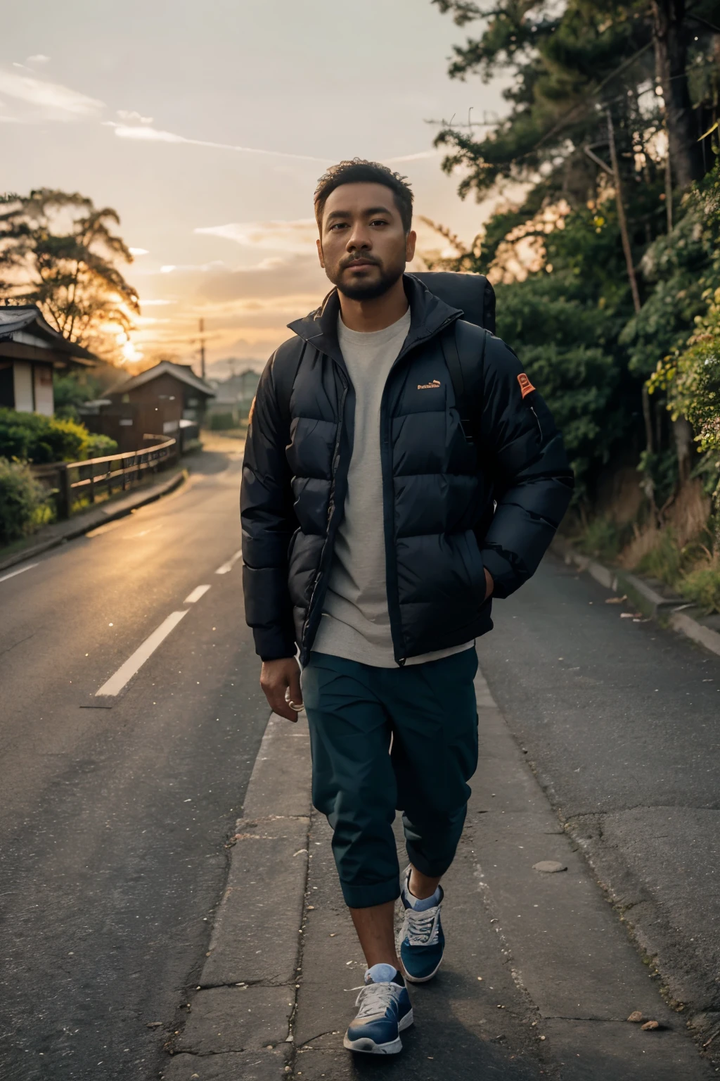 raw photo, full body of a men indonesia with melayu face, 35 years old, short faded hair, slightly buzz beards, body slightly fat, wearing cold jacket and backpack, and onitsuka tiger sneakers, walking on the small road in nature of japan, looks cold morning, with sunrise light, 8k, ultra detail realistic, best quality, high contrast