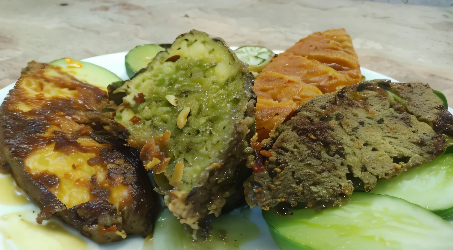 there are some food on a plate on a table, competition winning, very tasty, well edited, yummy, meat and lichens, mmmmm, green, yum, ready to eat, closeup at the food, by Matija Jama, by Aleksander Kotsis, stunning image, by Amelia Peláez, kebab, profile shot, chuvabak
