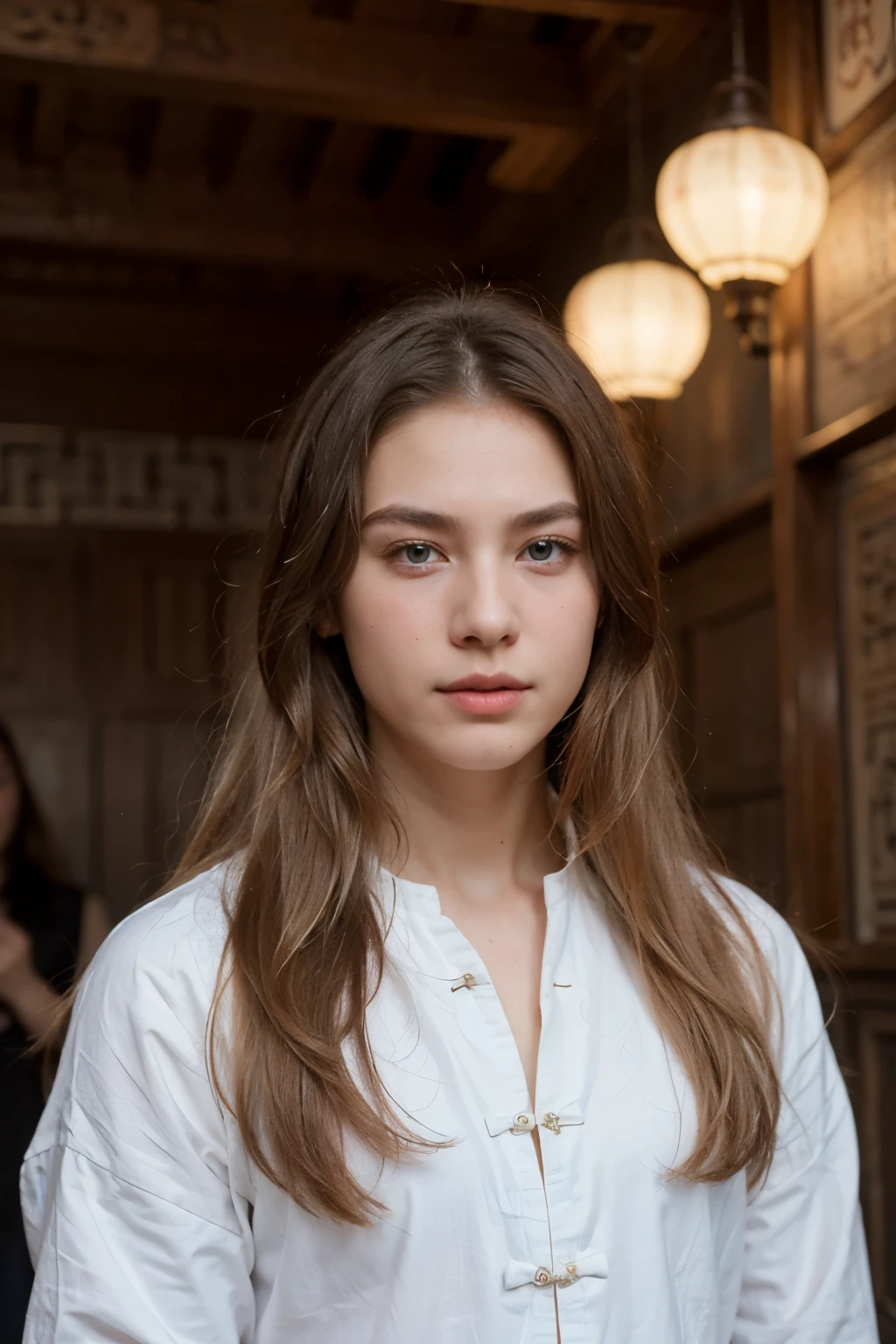 A beautiful boy with white long hair, blue eyes ,wearing ancient China's clothes ,has rosy lips