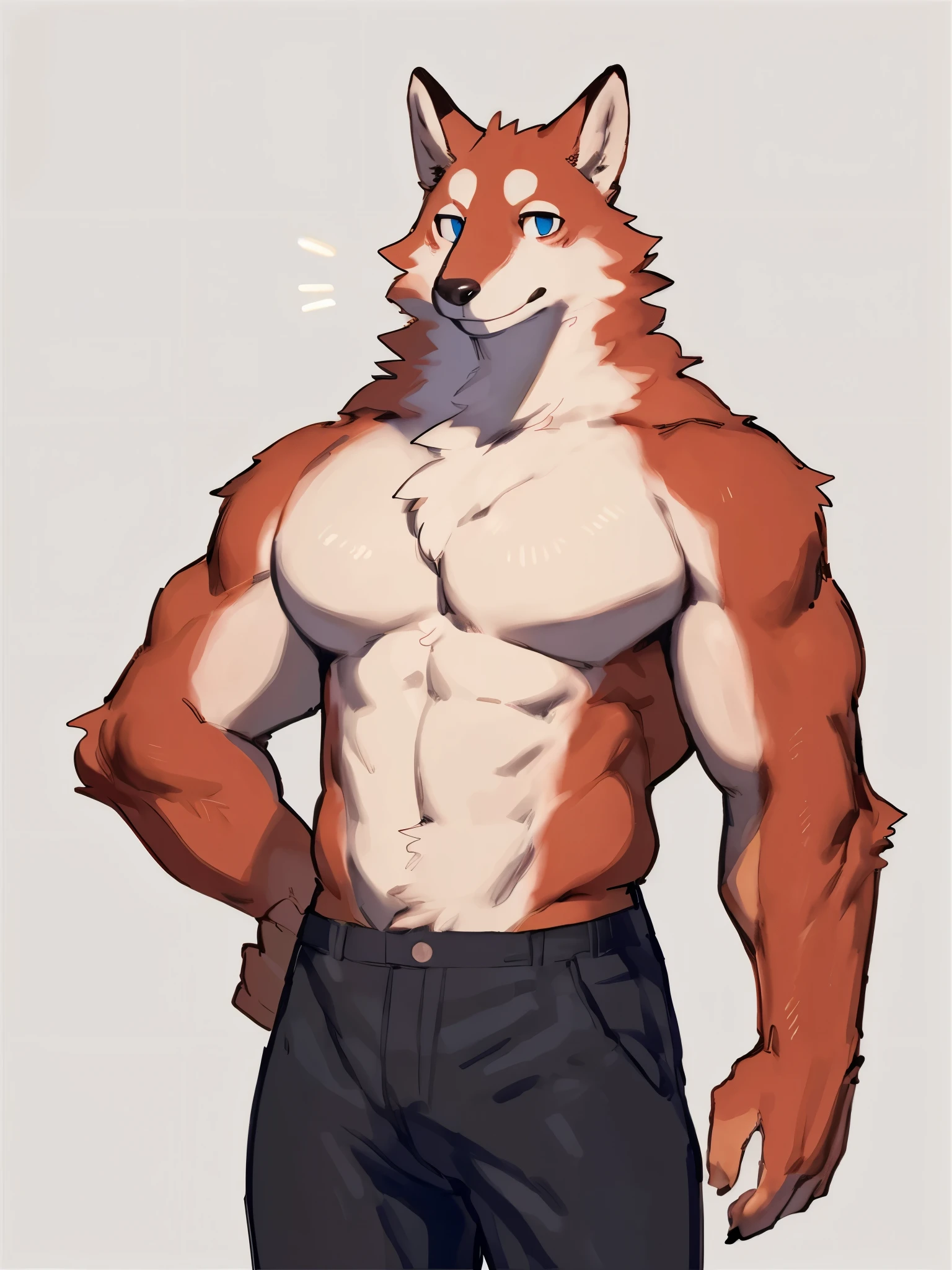 (masterpiece, 4K, ultra detailed), cougar furry, masculine, shirtless, handsome, athletic, blush, smile, eight-pack, illustration, smooth colors, front view, closed eyes, anime teen, light brown pubic hair, blue jeans, white background