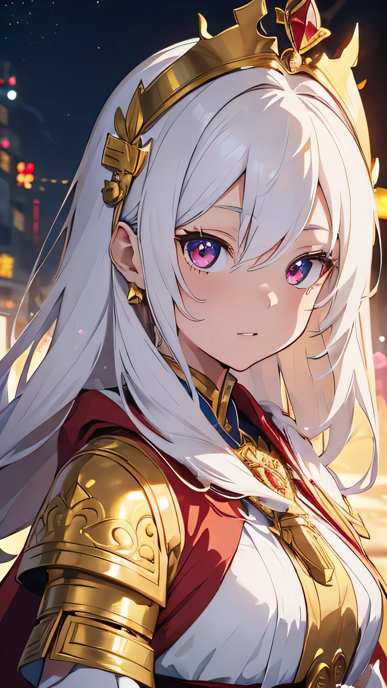 deity of wealth, goddess, royalty, 1 girl, medium breast, white hair, golden circlets, giving out gold coins, anime style, cape with armor and hanfu, red white and gold theme, detailed portrait of anime girl, beautiful detailed eyes,beautiful detailed lips,extremely detailed eyes and face, Colorful, bokeh, perspective