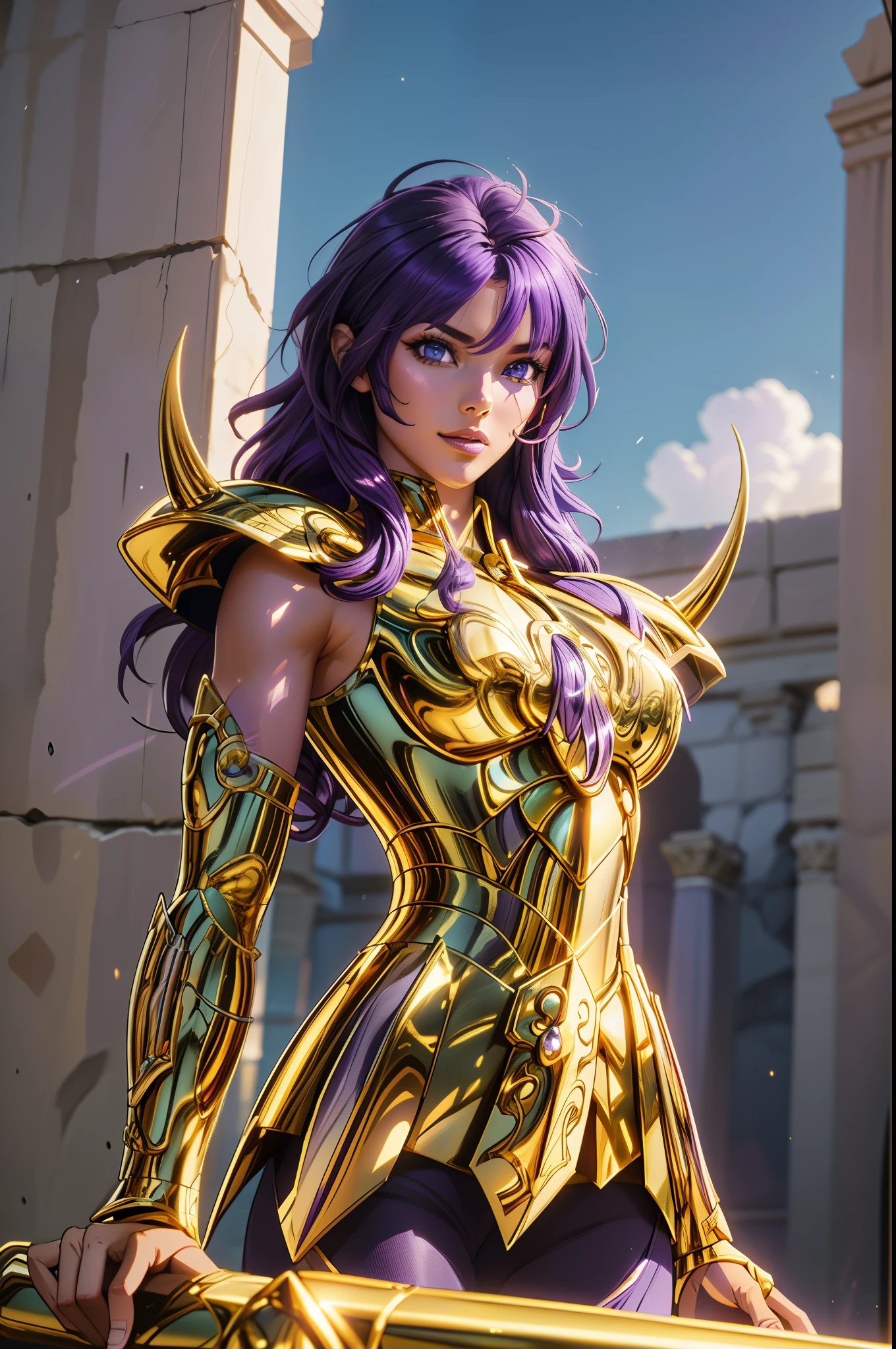 perfect eyes:1.2, detailed eyes:1.4, gold armor, armor, (purple hair:1.6), breasts, shoulder armor, medium hair, blue eyes, ScorpioArmor, Golden Armor, shoulder_armor decoration, forehead protector, forehead armor, forehead jewel, greek ruins background, golden shinning armor, cowboy shot, 1girl, solo, (masterpiece:1.6, best quality), 8k, insane details, intricate details, hyperdetailed, hyper quality, high detail, ultra detailed, professional, HDR, ray tracing reflection, cinematic lighting
