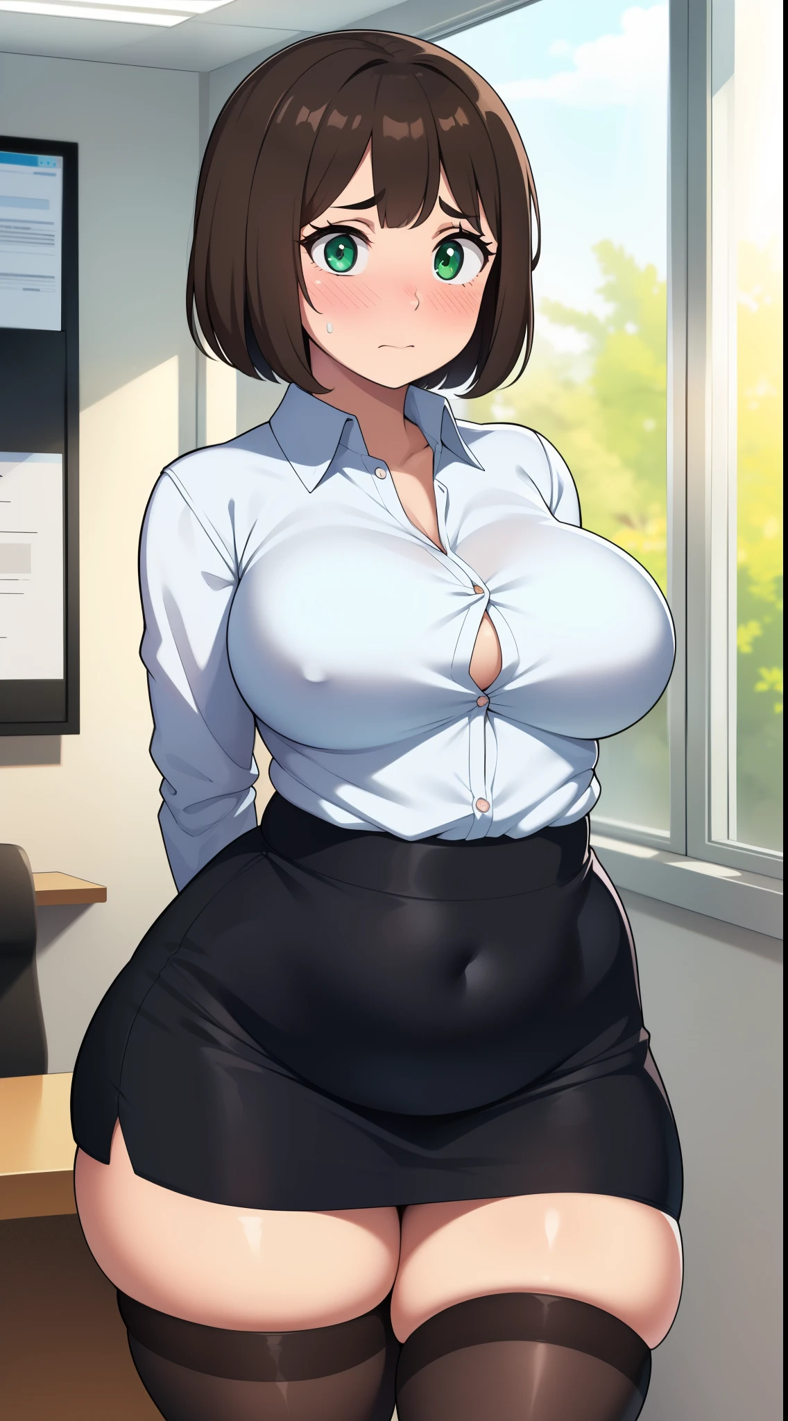 ((highres)), Masterpiece, high quality, best quality, beautiful, perfect lighting, detailed face, ultra cute face, ((1girl)), ((solo), short brown hair, fluffy hair, green eyes, ((blush)), embarrassed, nervous, looking at viewer, arms behind back, standing in a office (office), daytime, dress shirt, pencil skirt, thigh highs, wide hips, (thick thighs), (chubby), medium breasts, perky breasts, 20 year old female,