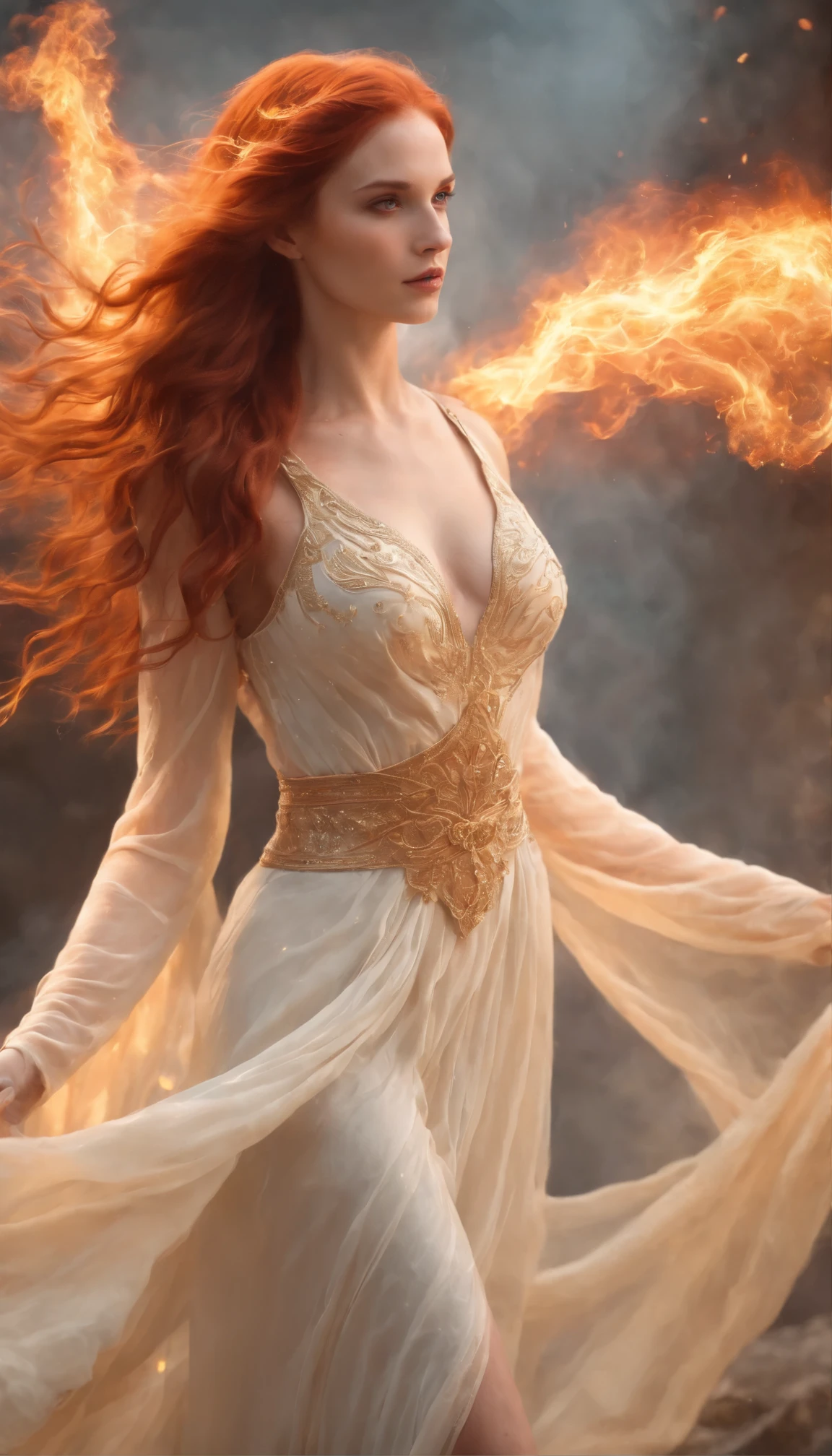 A young beautiful woman, goddess of fire, long flowing flame-red hair, perfect body, perfect round breast, soft and attractive, wearing ancient styled red peplos dress, standing and starring, flames are burning around her, high resolution, fantasy photo, vivid, full medium shot, Enter a captivating scene, How energetic fire particles ignite the air around you, Creates a stunningly dynamic atmosphere. Creative lighting styles bathed in brilliant light, Burning light, Harmonizes with rotating fire particles. Crafted with meticulous precision，Render in stunning 10k high resolution, This masterpiece incorporates the artistic medium of digital illustration, Mystical realism, and contemporary surrealism, The ethereal beauty of flames, Fire particles enhance the sense of magic and wonder.