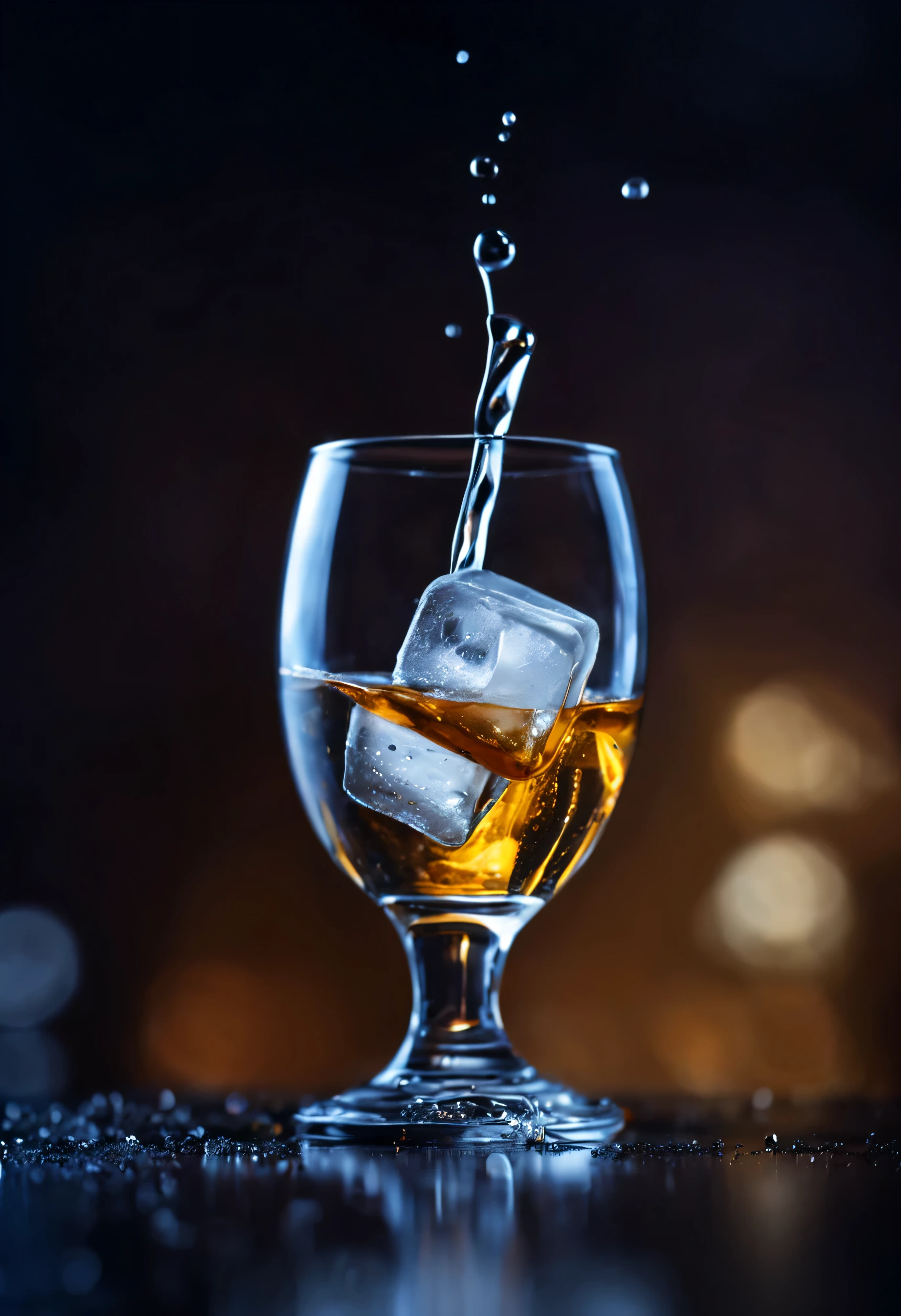 (Spilled liquid: 1.6), ice cubes, reduced. It was filled with carbonated drinks, translucent liquid,High-end glass.goblet.Night bokeh background.(best quality,4K,8k,high resolution,masterpiece:1.2),super detailed,(actual,photoactual,photo-actual:1.37),.