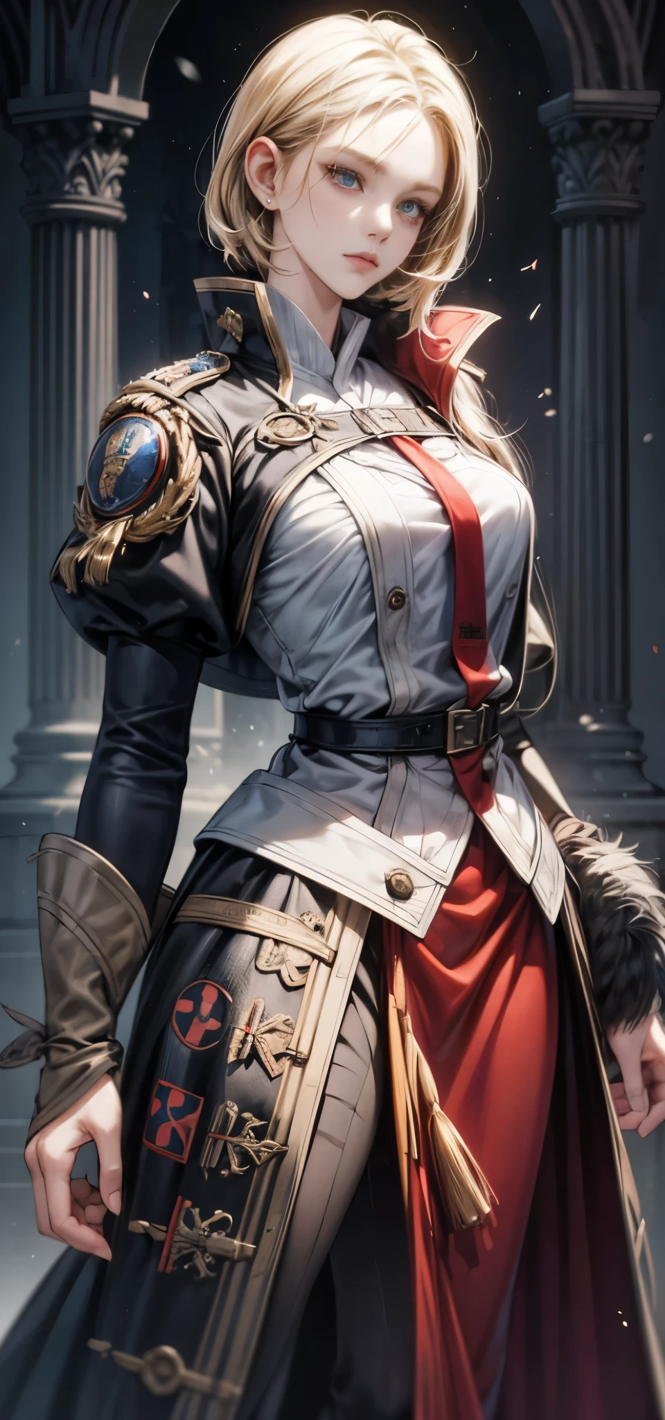 Digital illustration, anime character, female Spanish Inquisitor wearing a female version of inquisitor attire, majestic, respected, feared, beautiful, elegance, cold blood, emotionless, evil, fanatic, religious, devotion, charming. Art Styles: hyper-detailed Shonen anime, ultra-realistic anime. Art Inspirations: Art Station, Dribble, Behance, Deviantart. Camera: medium telephoto, Shot: medium shot, Render Related Information: (high resolution:1.5), (intricate details:1.25), (HDR:1.2), (cinematic Shonen anime:1.3), (dark and moody atmosphere:1.2), (powerful aura:1.15).