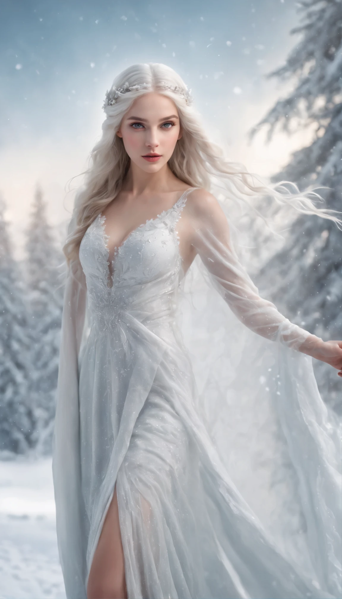 A young beautiful woman, goddess of frost, long flowing white hair, perfect body, perfect round breast, soft and attractive, wearing ancient styled snowy white peplos dress, standing and starring, snows are falling around her, high resolution, fantasy photo, vivid, medium shot, Enter a captivating scene, How energetic snow particles ignite the air around you, Creates a stunningly dynamic atmosphere. Creative lighting styles bathed in brilliant light, Frozen light, Harmonizes with rotating snow particles. Crafted with meticulous precision,Render in stunning 10k high resolution, This masterpiece incorporates the artistic medium of digital illustration, Mystical realism, and contemporary surrealism, The ethereal beauty of frost, Snow particles enhance the sense of magic and wonder.