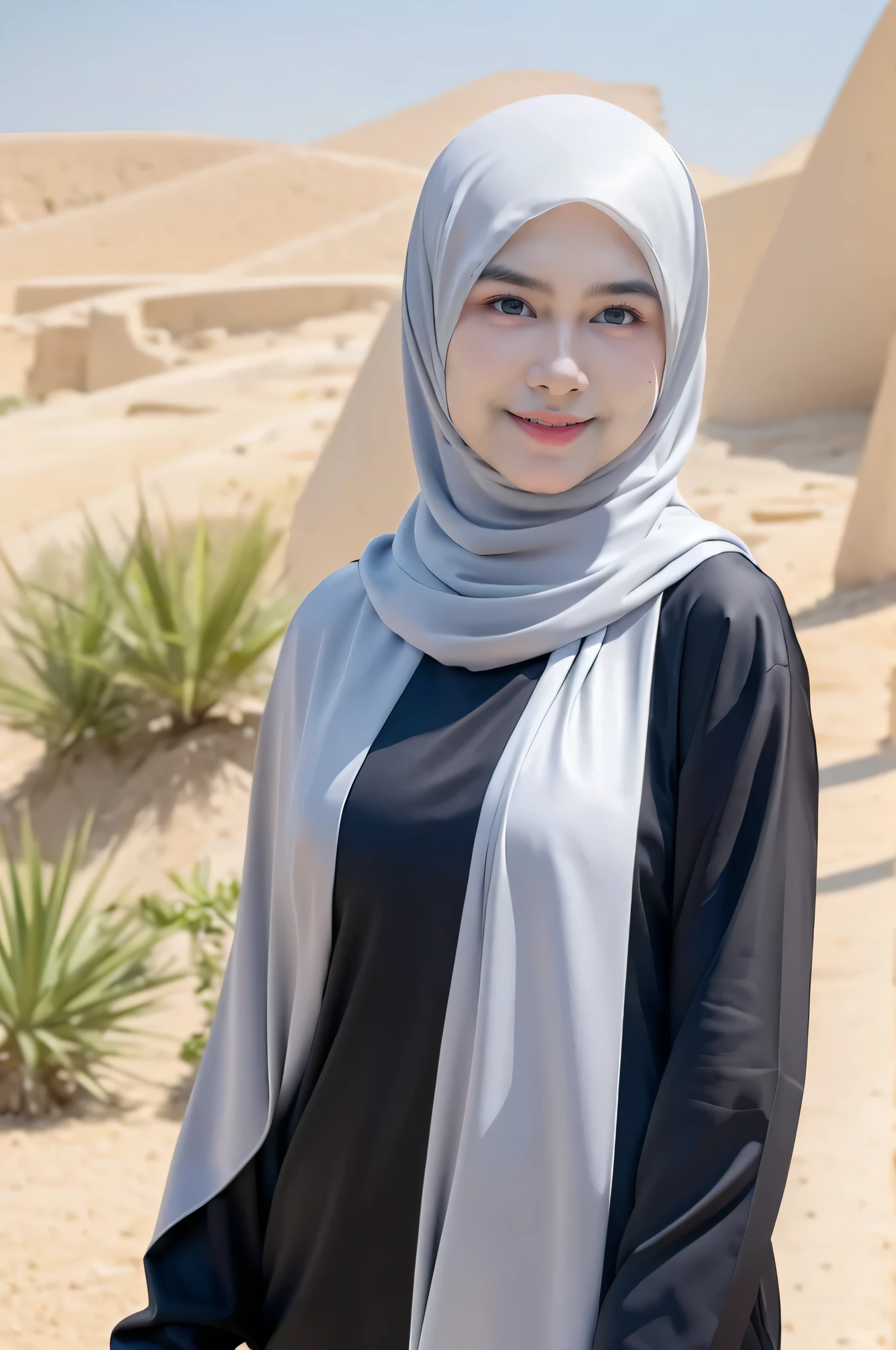 (Half-body:1.1), (:1.5), long tshirt Outfit, (RAW photo, Materpiece, Best Quality), (hijab:1.4), (headscarf:1.2), Mesir Piramida, Desert dust, Wind from the right,  The unknown existence of the seventh heaven, Kaftan, Clothes that are covered and polite, long-sleeved Hijab clothes, Wide hijab covers the chest, look polite and elegant, ((Best Quality Hijab Hair, Hair close with Hijab))