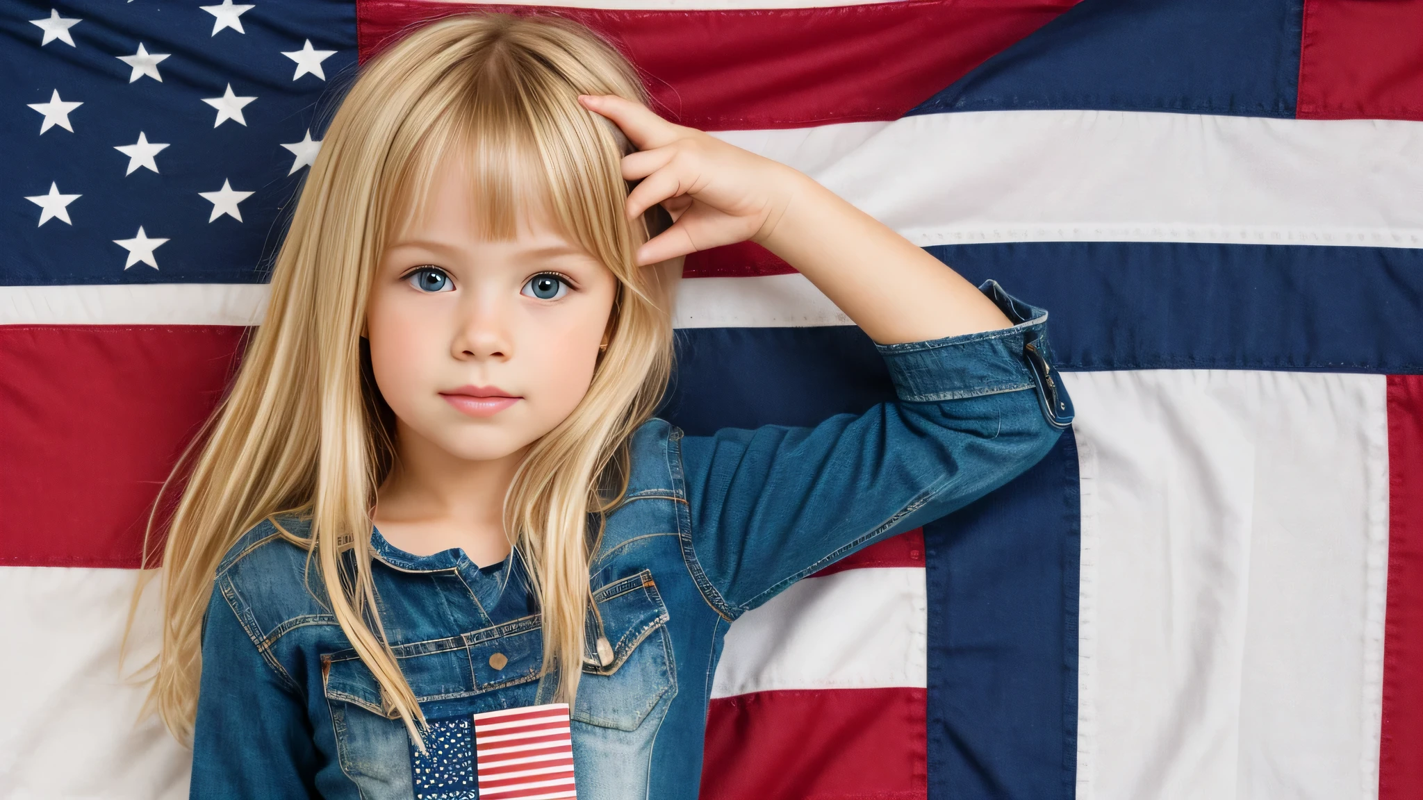 AMERICAN KIDS GIRL BLONDE, AMERICAN FLAG BACKGROUND
