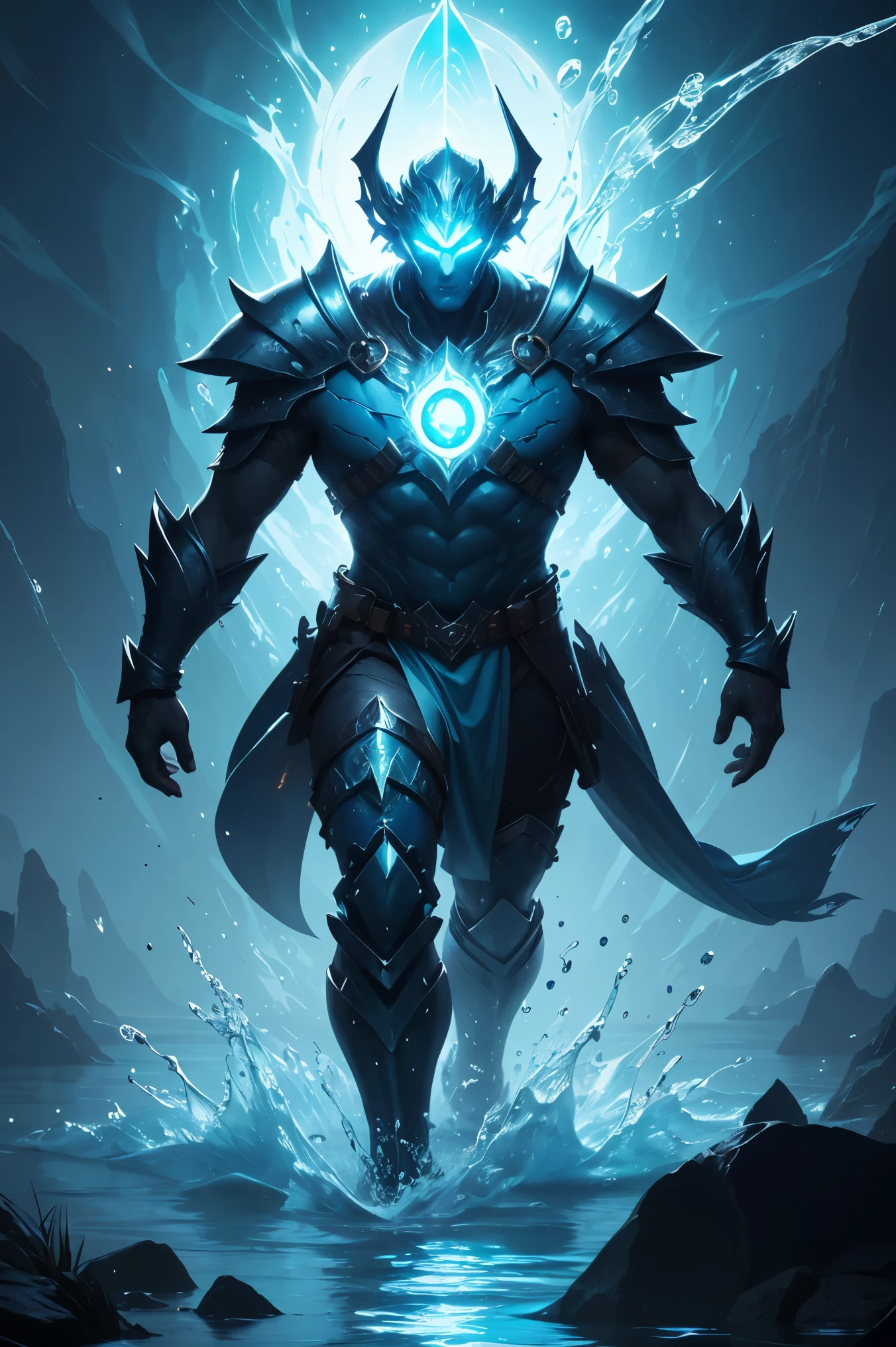 Giant God Soldier made of water element, water element, giant thing, made of water, water texture, legendary elemental creature, blue water element, fantasy divine energy creature, amazing momentum, glowing blue eyes gaze at the viewer，