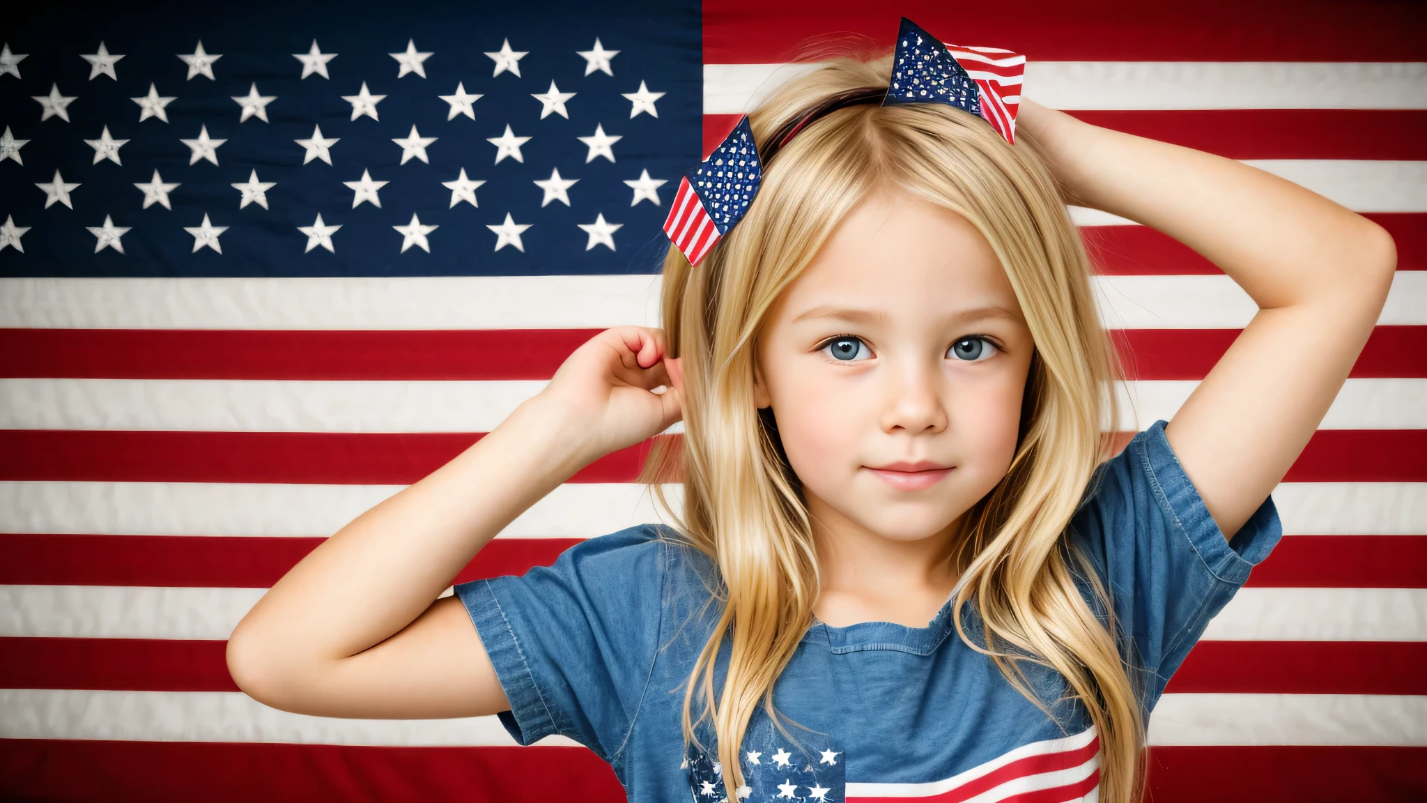 AMERICAN KIDS GIRL BLONDE, AMERICAN FLAG BACKGROUND