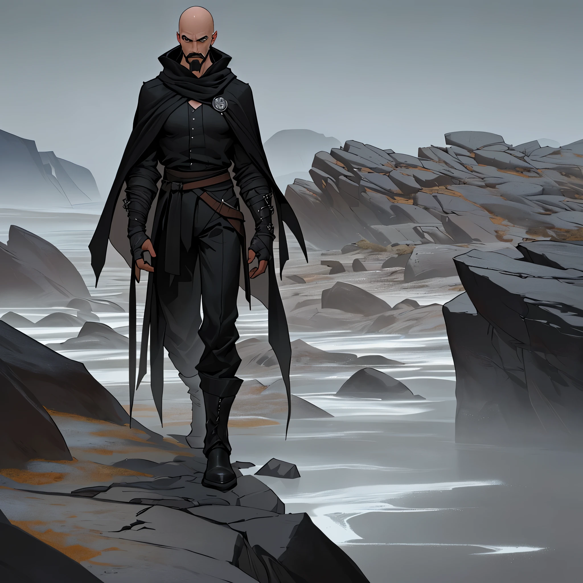 "meticulouslycraftedcharacter_v3.4, ng_originality_v1_95t, gender: male, status: solitary wanderer, facial features: thick mustache and goatee, height: tall and lean, hair: completely bald, devoid of any strands, clothing: adorned in worn, dark tunics bearing the marks of the journey, paired with simple black pants and sturdy boots, cape: a weathered cloak serving as a practical shield against the elements, physique: lean and agile, a silhouette blending seamlessly with the desolate rocky terrain, attire: practical, dark attire accentuating a slender frame, well-suited for the solitary path, environment: traversing through a barren, rocky landscape, devoid of life, with a haunting emptiness and signs of past desolation, activity: walking with purpose, a solitary figure amidst the desolation, a strong gaze reflecting resilience and determination."