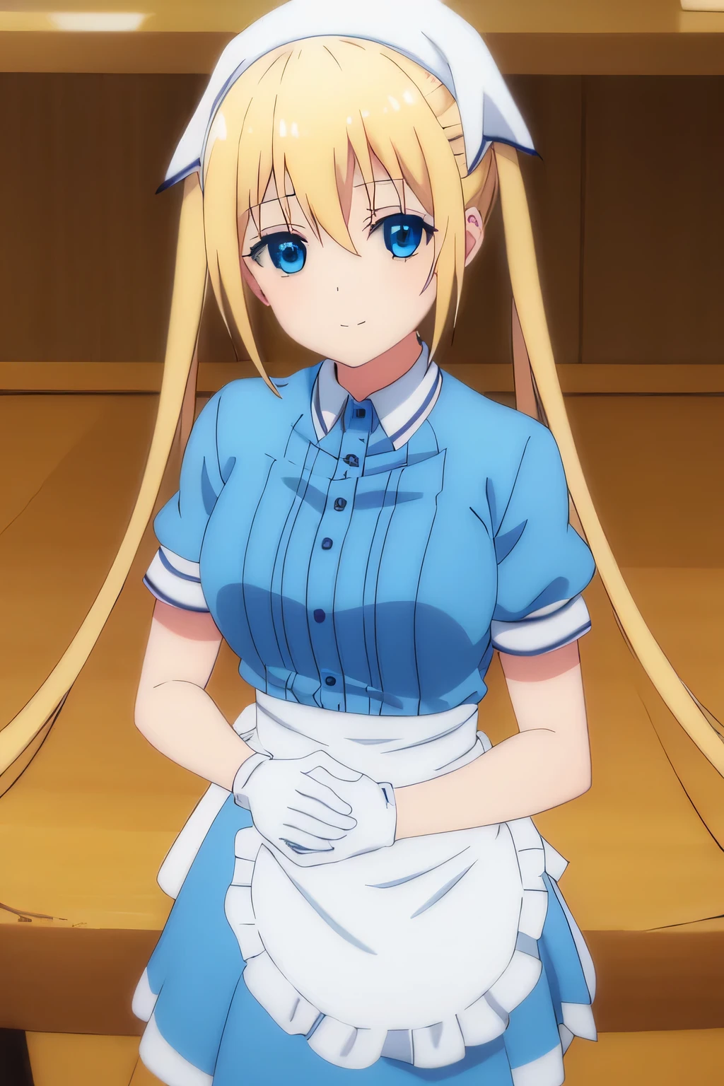 kahohinata, kaho hinata, blonde hair, blue eyes, hair between eyes, long hair, sidelocks, twintails, smile,
BREAK apron, blue shirt, blue skirt, frilled apron, frills, gloves, head scarf, shirt, short sleeves, skirt, uniform, waist apron, waitress, white apron, white gloves,
BREAK indoors, restaurant,
BREAK looking at viewer, (cowboy shot:1.5),
BREAK (masterpiece:1.2), best quality, high resolution, unity 8k wallpaper, (illustration:0.8), (beautiful detailed eyes:1.6), extremely detailed face, perfect lighting, extremely detailed CG, (perfect hands, perfect anatomy),