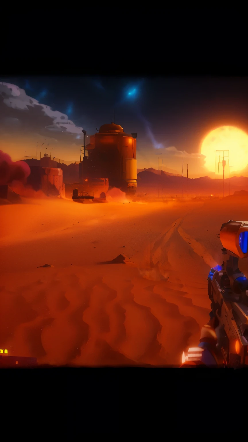 a first person view of a gun on a desert with a full moon in the background, style of borderlands, arena background, animated cartoon series, crowded inn in the background, cobra, burning inferno, mars vacation photo, extremely high aperture, longbow