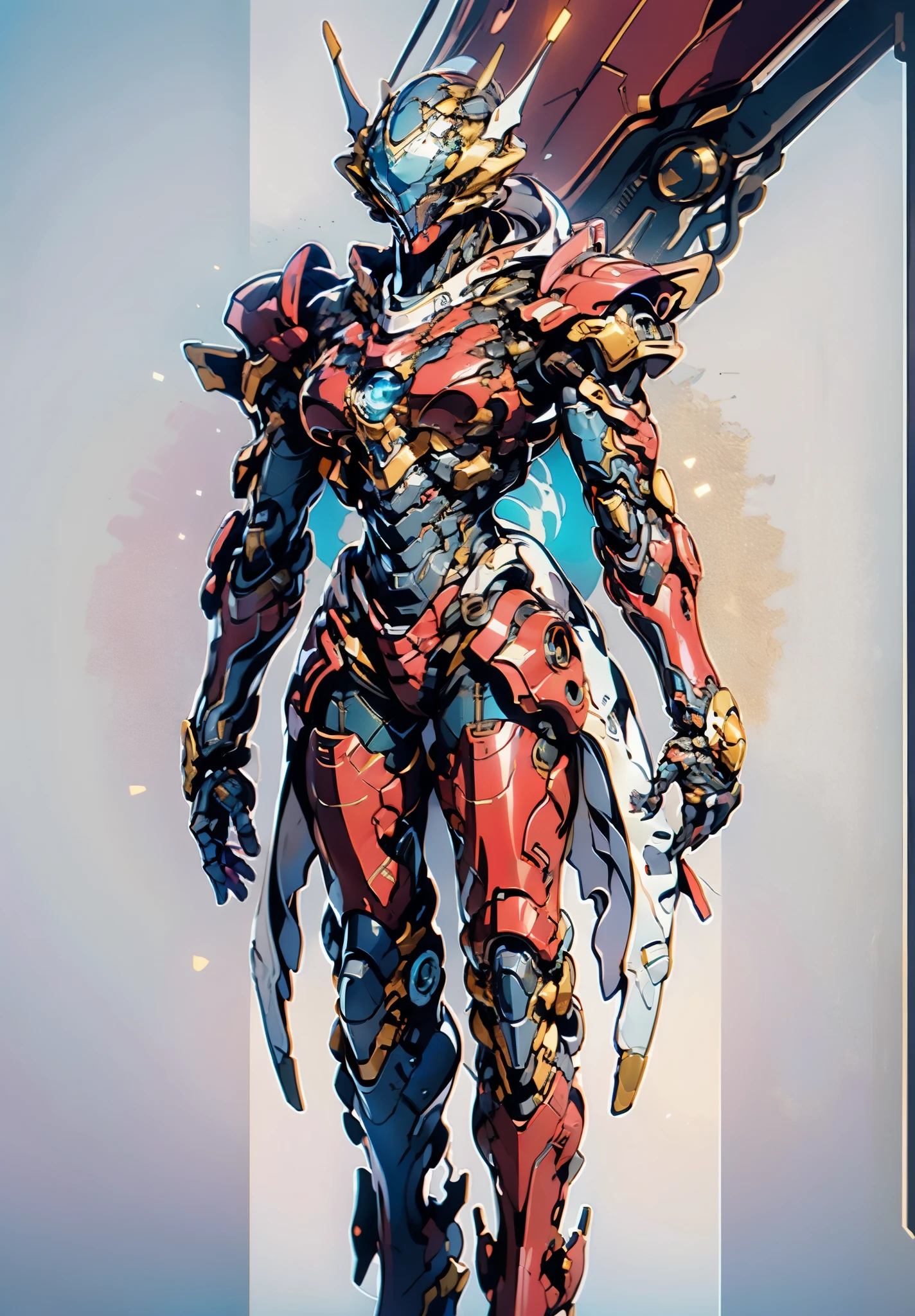 A woman adorned in fantasy-style full-body armor, a crown-concept fully enclosed helmet that unveils only her eyes, a composite layered chest plate, fully encompassing shoulder and hand guards, a lightweight waist armor, form-fitting shin guards, the overall design is heavy-duty yet flexible, the armor gleams with a golden glow, complemented by red and blue accents, exhibiting a noble aura, she floats above a fantasy-surreal high-tech city, this character embodies a finely crafted fantasy-surreal style armored hero in anime style, exquisite and mature manga art style, goddess, femminine, long legs, metallic, elegant, high definition, best quality, highres, ultra-detailed, ultra-fine painting, extremely delicate, professional, anatomically correct, symmetrical face, extremely detailed eyes and face, high quality eyes, creativity, RAW photo, UHD, 32k, Natural light, cinematic lighting, masterpiece-anatomy-perfect, masterpiece:1.5