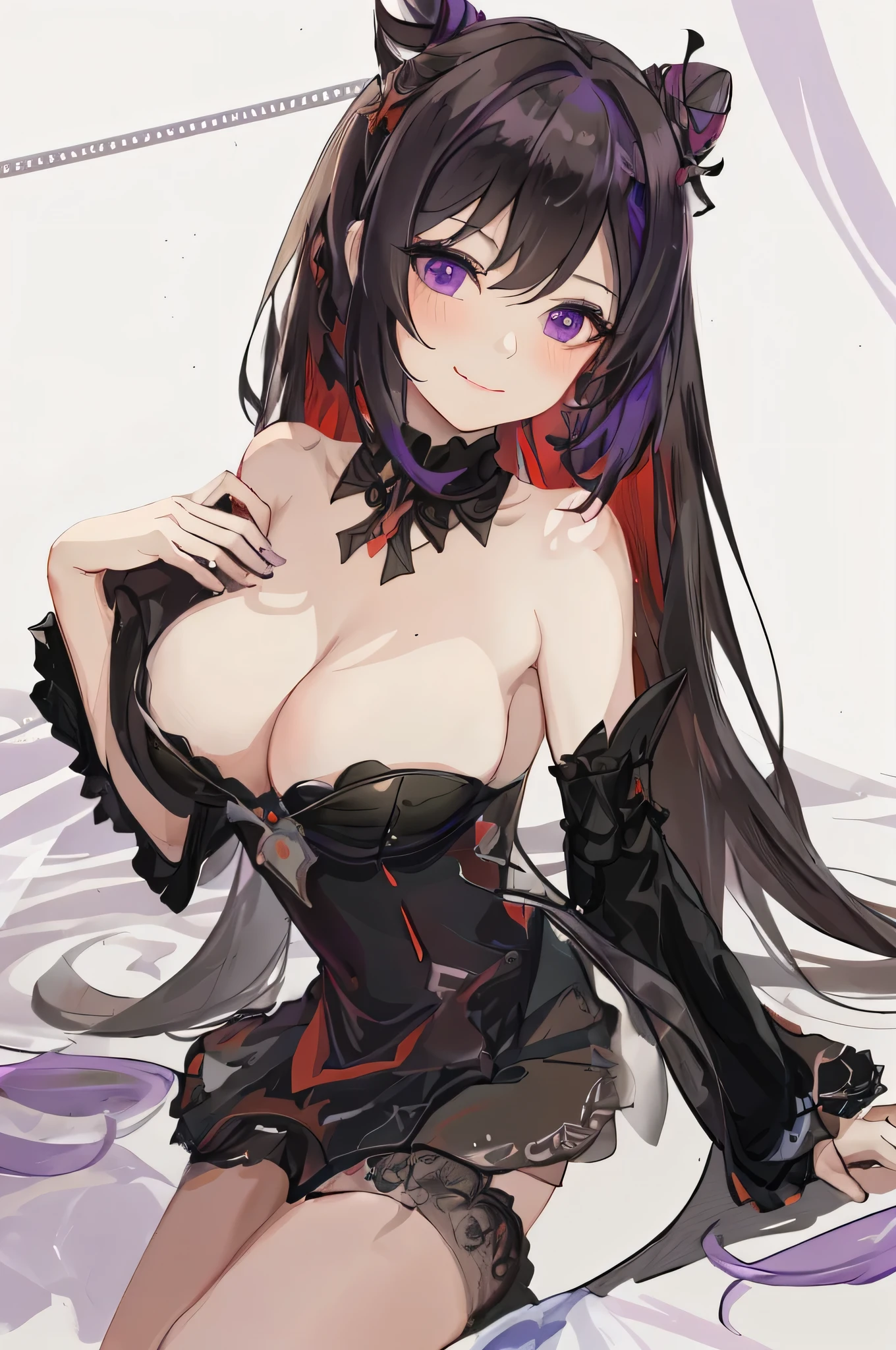 最OK质量, masterpiece, high resolution, alone, {Keqing_Genshin:1.15}, long_hair, purple_hair, purple_Eye, hair_OK, cone_hair_OK, double tail, Bangs, double_OK, breast, hair_decorexistion, blush, braid, mediexisting_breast, closure_Mouth, 1 girl, only_Shoulder, split, look back_exist_audience, simple_background, Upper body_Body, white_background, hair_between_Eye, big deal_breast, clavicle,(Wearing a long black lace dress),(Charming Smile),Smile,舔他的Mouth唇,Wearing black seams,红Eye