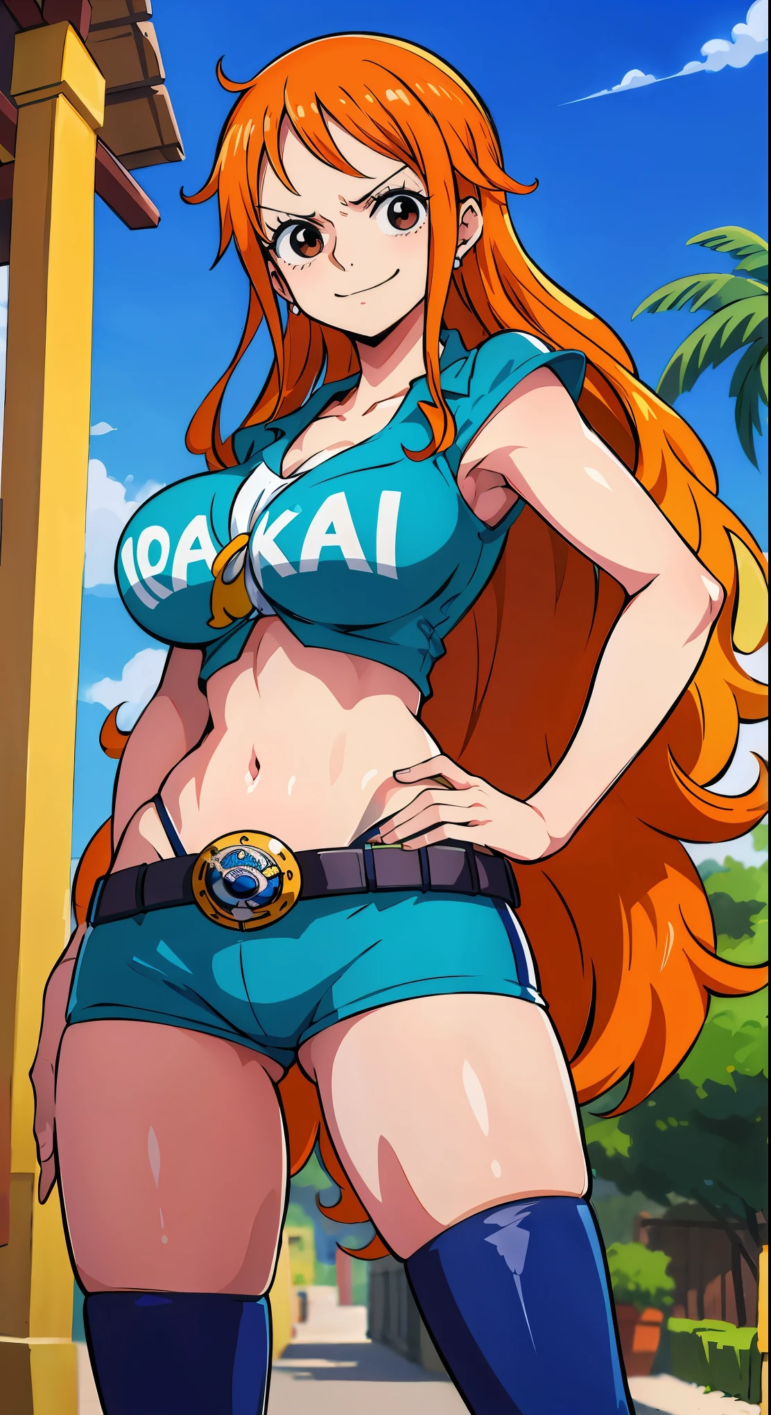 Gere uma imagem realista no estilo anime de Nami de One Piece. Capture your distinctive look with orange hair, uma camisa listrada azul e branca, and a joyful expression. Certifique-se de que a imagem reflete sua personalidade aventureira e confiante como retratada no anime., plano amplo , corpo todo, mostrando a ass, Athletic curvilinear, peito grande, coxas grossas.