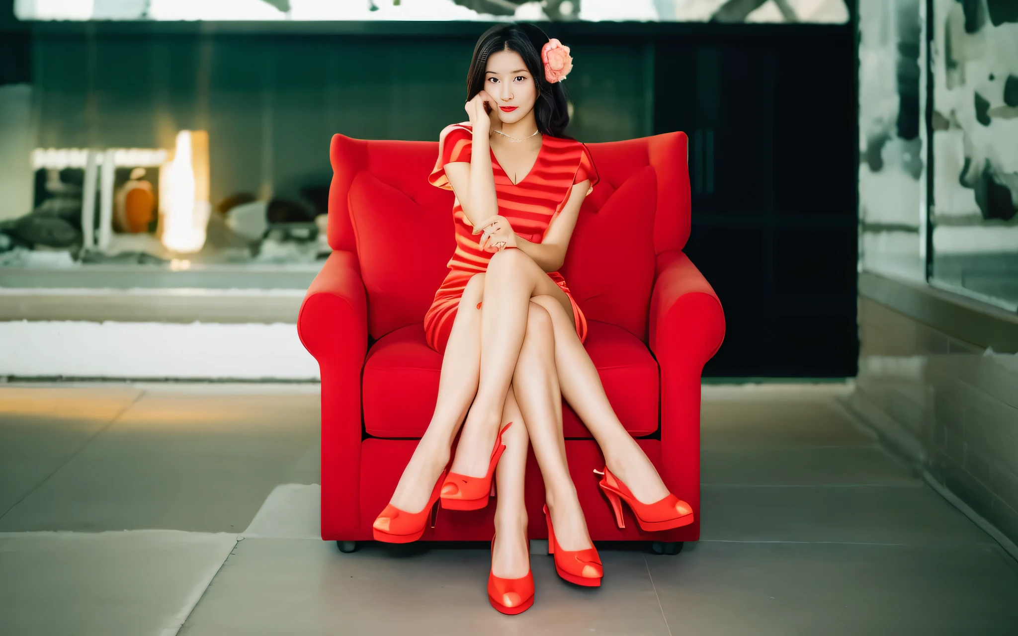 2 additional weapons, A woman posing for a photo, short red dress,curvy arms, long hair, black hair, have, incredibly beautiful, strong posture, very beautiful, arms aside, 6 arms and 2 legs!, curvy arms, multiple arms, Armpit and shoulder fusion, normal hand, slender figure, same face, 21 years old, upper body shot, Korean