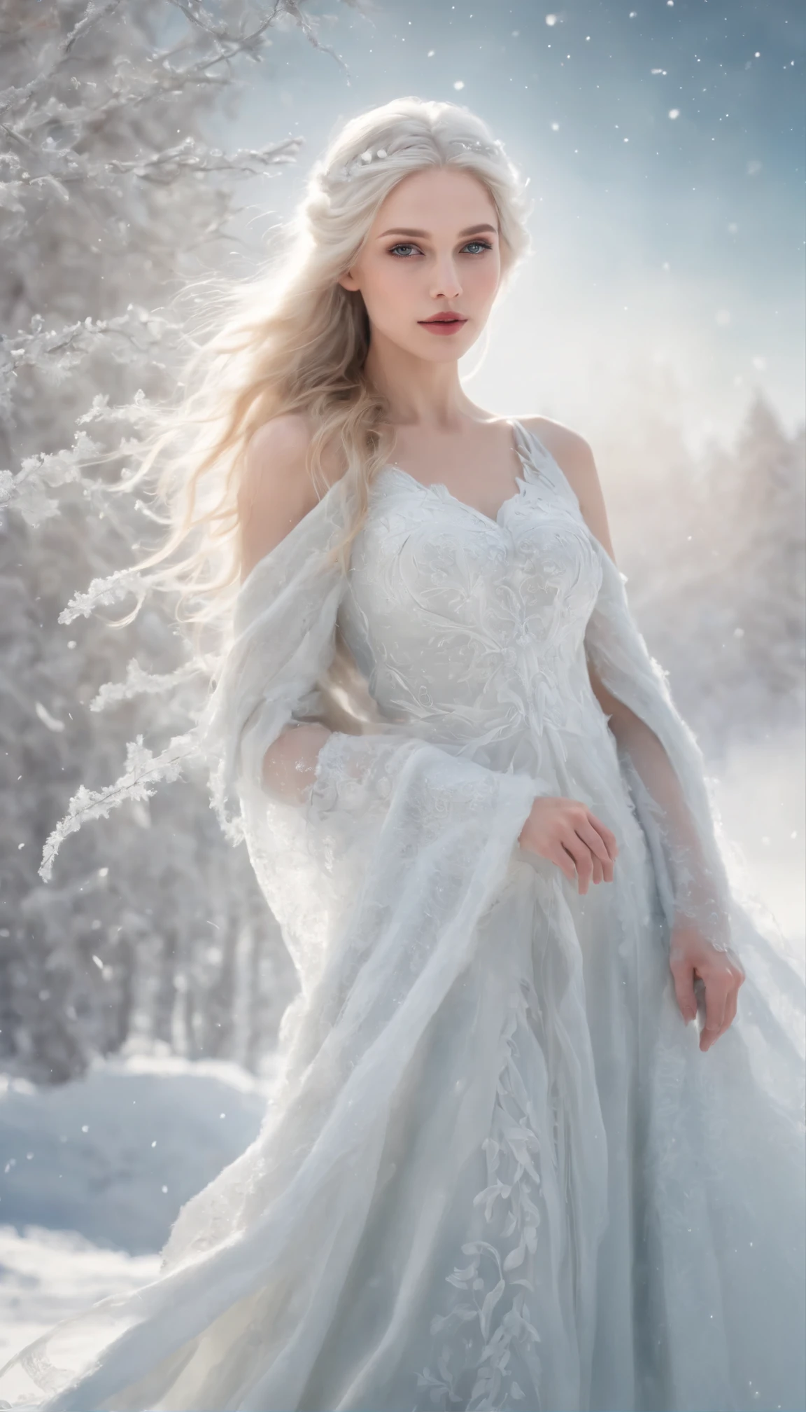 A young beautiful woman, goddess of frost, long flowing white hair, perfect body, perfect round breast, soft and attractive, wearing ancient styled snowy white peplos dress, standing and starring, snows are falling around her, high resolution, fantasy photo, vivid, full body shot, Enter a captivating scene, How energetic snow particles ignite the air around you, Creates a stunningly dynamic atmosphere. Creative lighting styles bathed in brilliant light, Frozen light, Harmonizes with rotating snow particles. Crafted with meticulous precision，Render in stunning 10k high resolution, This masterpiece incorporates the artistic medium of digital illustration, Mystical realism, and contemporary surrealism, The ethereal beauty of frost, Snow particles enhance the sense of magic and wonder.
