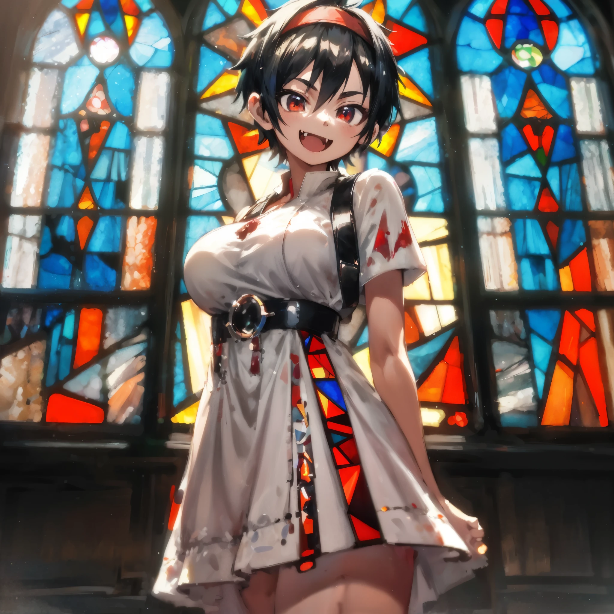 anime,((cowboy shot)),((boyish girl,solo)),((shaved-sideburns & pixie-cut black-hair:1.2)),((red headband:1.2)),((big smile:1.3)),((fang:1.5)),(( white dress:1.3)),((barefoot,sneakers:1.1)),((large breasts:1.2)),((standing, model pose)),((Stained glass:1.3))BREAK
Masterpiece, best quality, captures a super cute moment, depth of field, ultra detailed, ultra high resolution, Octadale, 8k, 16k