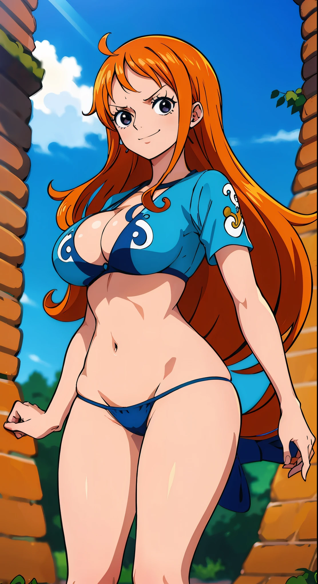 Gere uma imagem realista no estilo anime de Nami de One Piece. Capture your distinctive look with orange hair, uma camisa listrada azul e branca, and a joyful expression. Certifique-se de que a imagem reflete sua personalidade aventureira e confiante como retratada no anime., plano amplo , corpo todo, mostrando a , Athletic curvilinear, peito grande, coxas grossas.