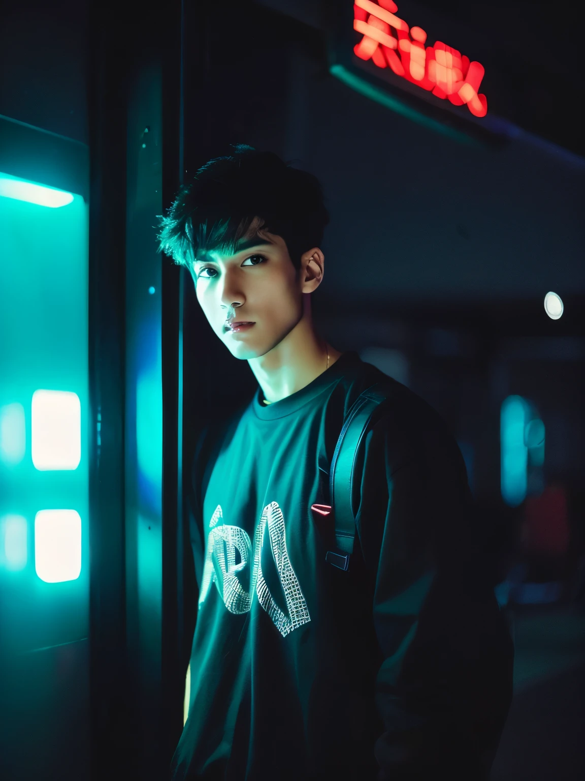 imagen fotorrealista, hombre joven hacker estilo cyberpunk/neo tokyo 21 year old semi android in black casual clothes, pelo corto, visto de abajo hacia arriba en apoximadamente 45 grados, con un fondo del cielo, en la noche, con iluminacion de colores neon,
futurista que tenga un desenfoque gradual para que el foco de la imagen este en el hombre