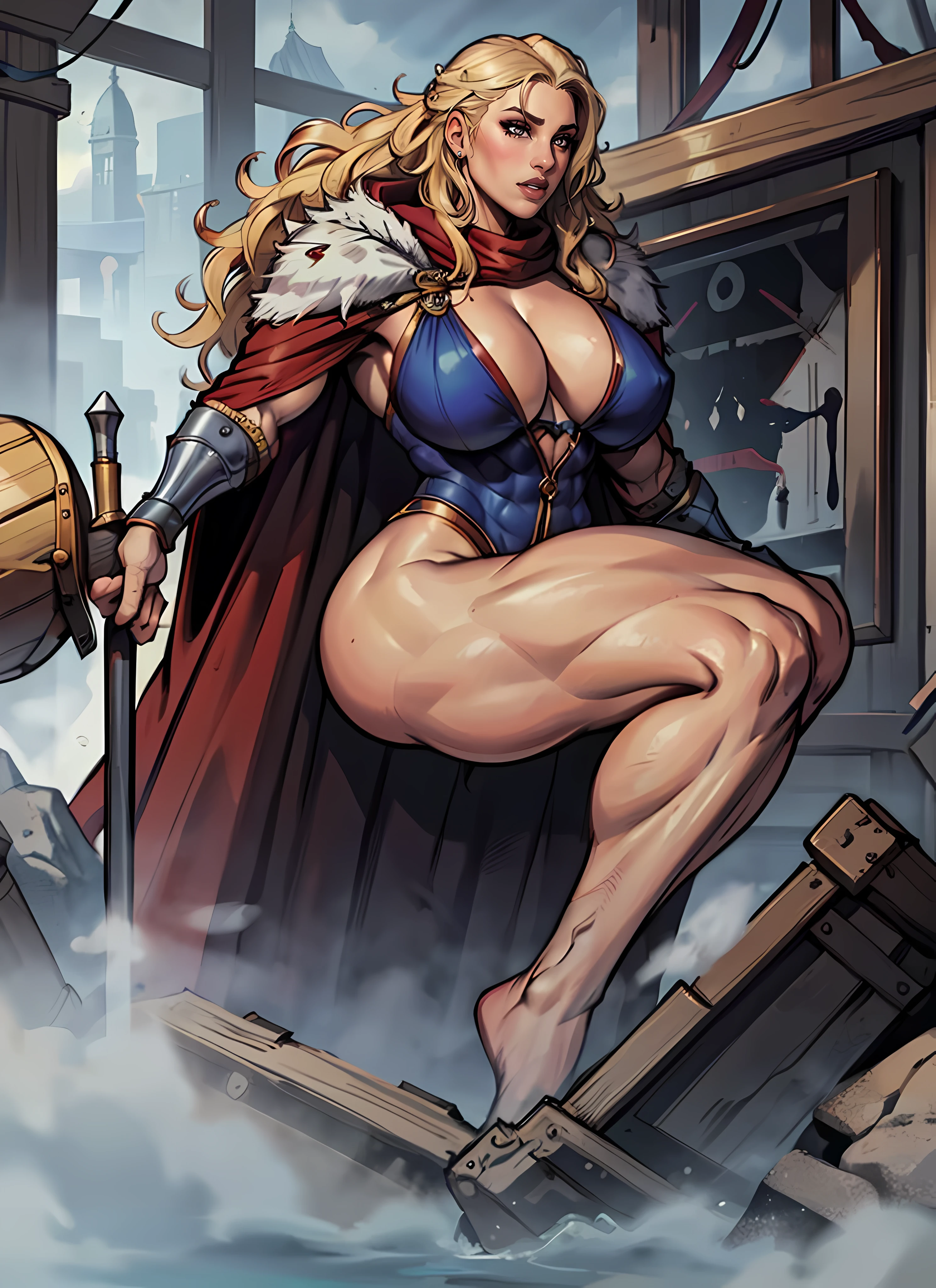 beautiful woman, viking warrior, wide hips, (Huge breasts), long legs, (Massive Female Bodybuilder), ((Muscular Legs)), (((Huge Muscles))), fur cloak, armor, blonde hair, wavy hair, (closeup, portrait shot), (solo), realistic