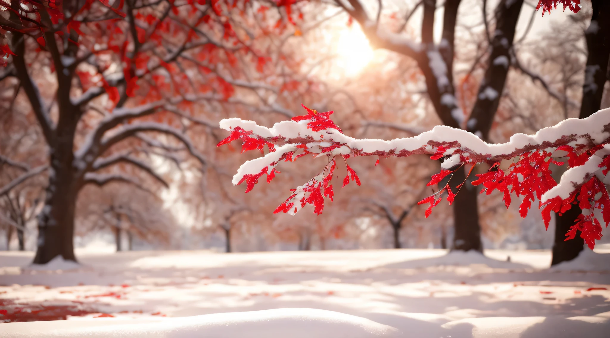 snowy scene of a tree with red leaves in the foreground, with snow covered colourful red, beautiful wallpaper, magical leafs falling, red and white colors, dusting of snow, autumn season, red leaves, maple tree, canadian maple leaves, red trees, red leaves on the ground, blood red leaves, very beautiful photo, gentle snow, red and white color theme