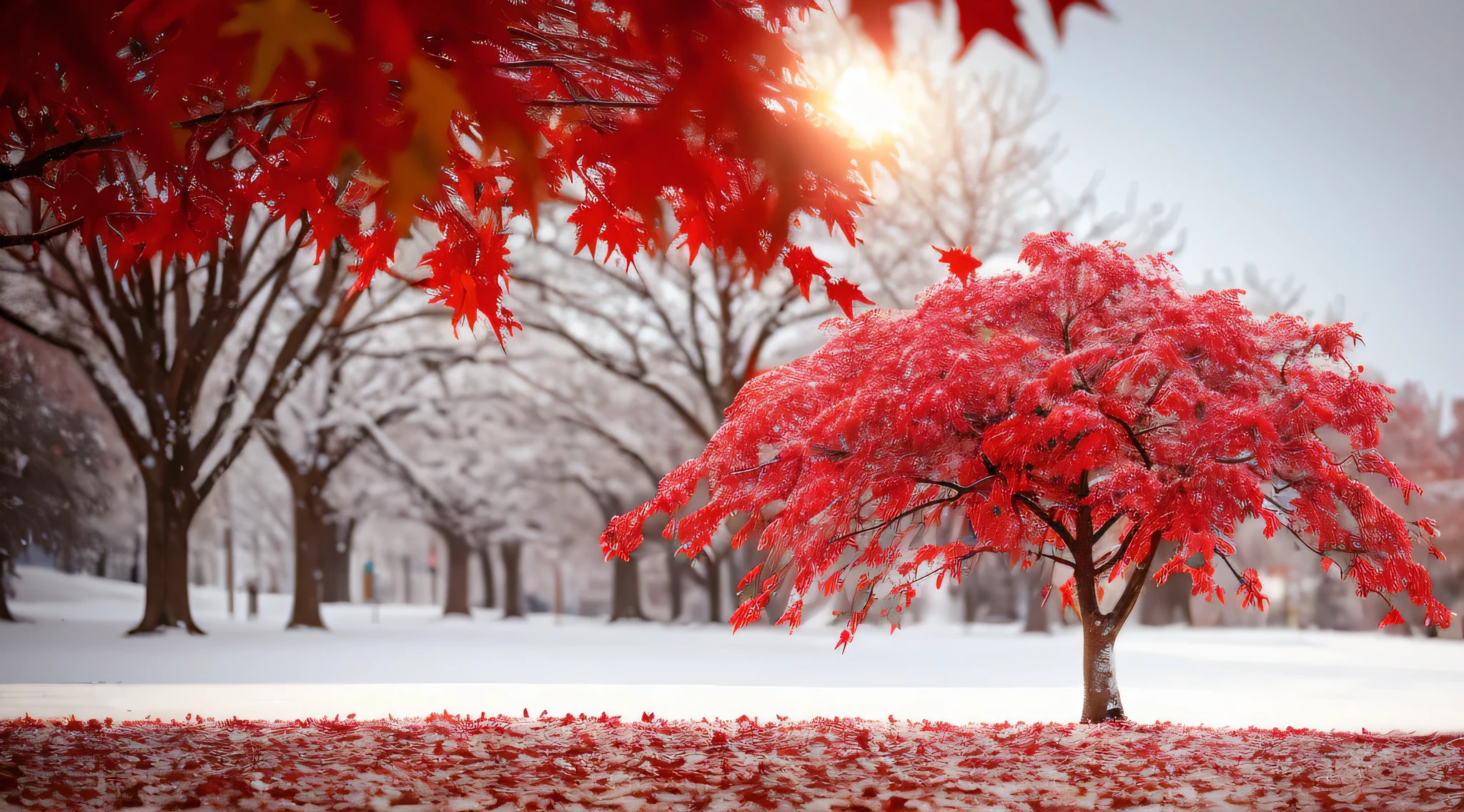 snowy scene of a tree with red leaves in the foreground, with snow covered colourful red, beautiful wallpaper, magical leafs falling, red and white colors, dusting of snow, autumn season, red leaves, maple tree, canadian maple leaves, red trees, red leaves on the ground, blood red leaves, very beautiful photo, gentle snow, red and white color theme