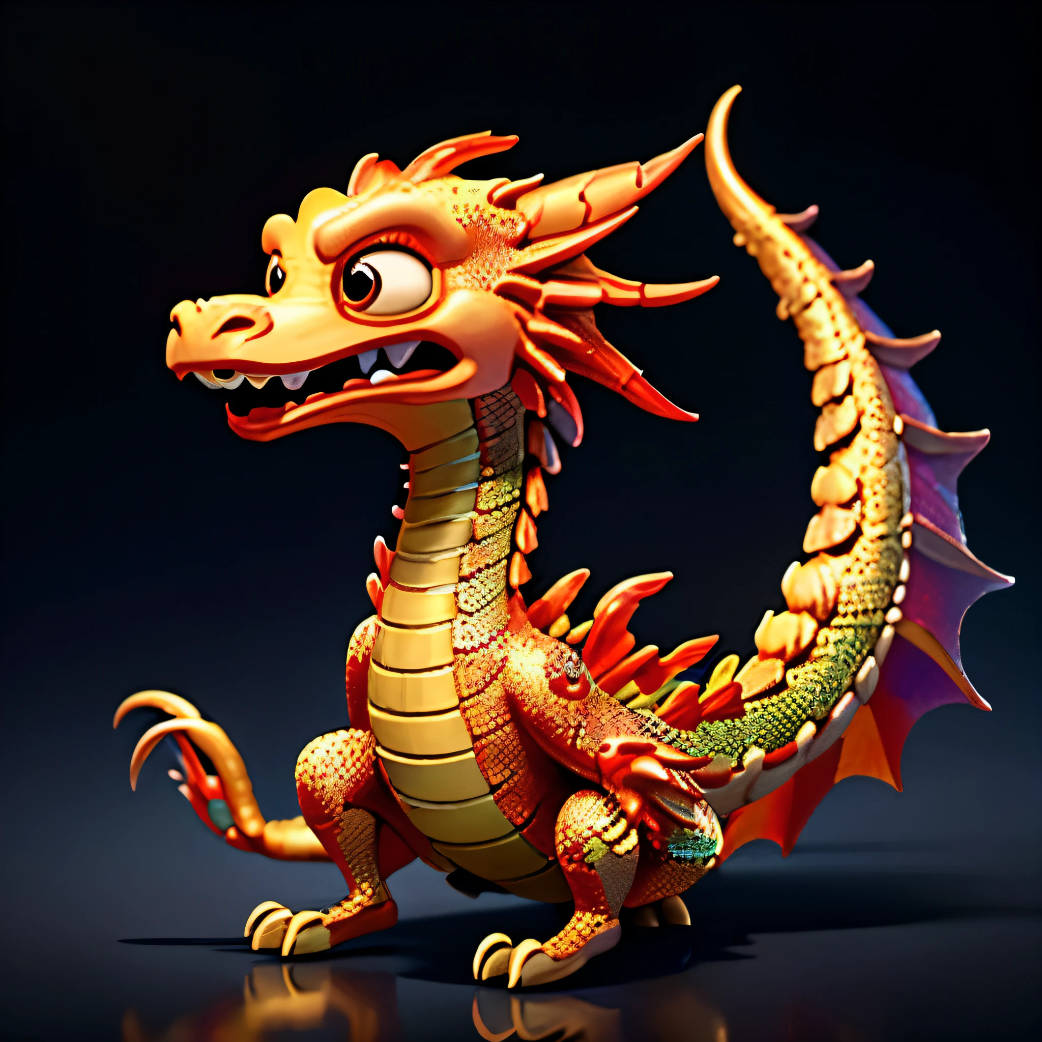 lovely Skeleton Dragon。pixar styled, top-quality、​masterpiece、超A high resolution、golden-red Chinese cartoon Dragon、(very long body):1.2, (Length:1.3)、(Fine details:1.2)、red colour background, length hair、sharpteeth、red eyes、swirling in sky, 天空、open open mouth、antagonism、Charge、The Monster、Golden scales、Rainbow glowing scales、(Glowing multicolored scales:1.2)、(realistic detailed:1.2)、nffsw、Ultra-detailed 3D modeling like Tim Burton、 Dale Chihuli、Xiaolongcheng、by Cyril Rolando、and Junior.Other authors, Giger style painting, etc., It's just as magical。Shadows and lighting intertwined、Creates a vivid effect。