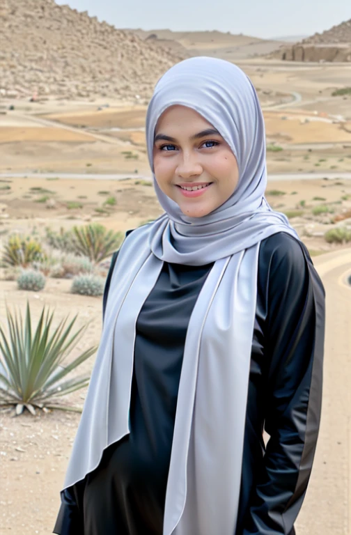 (Half-body:1.1), (:1.5), long tshirt Outfit, (RAW photo, Materpiece, Best Quality), (hijab:1.4), (headscarf:1.2), Mesir Piramida, Desert dust, Wind from the right, The unknown existence of the seventh heaven, Kaftan, Clothes that are covered and polite, long-sleeved Hijab clothes, Wide hijab covers the chest, look polite and elegant, ((Best Quality Hijab Hair, Hair close with Hijab))