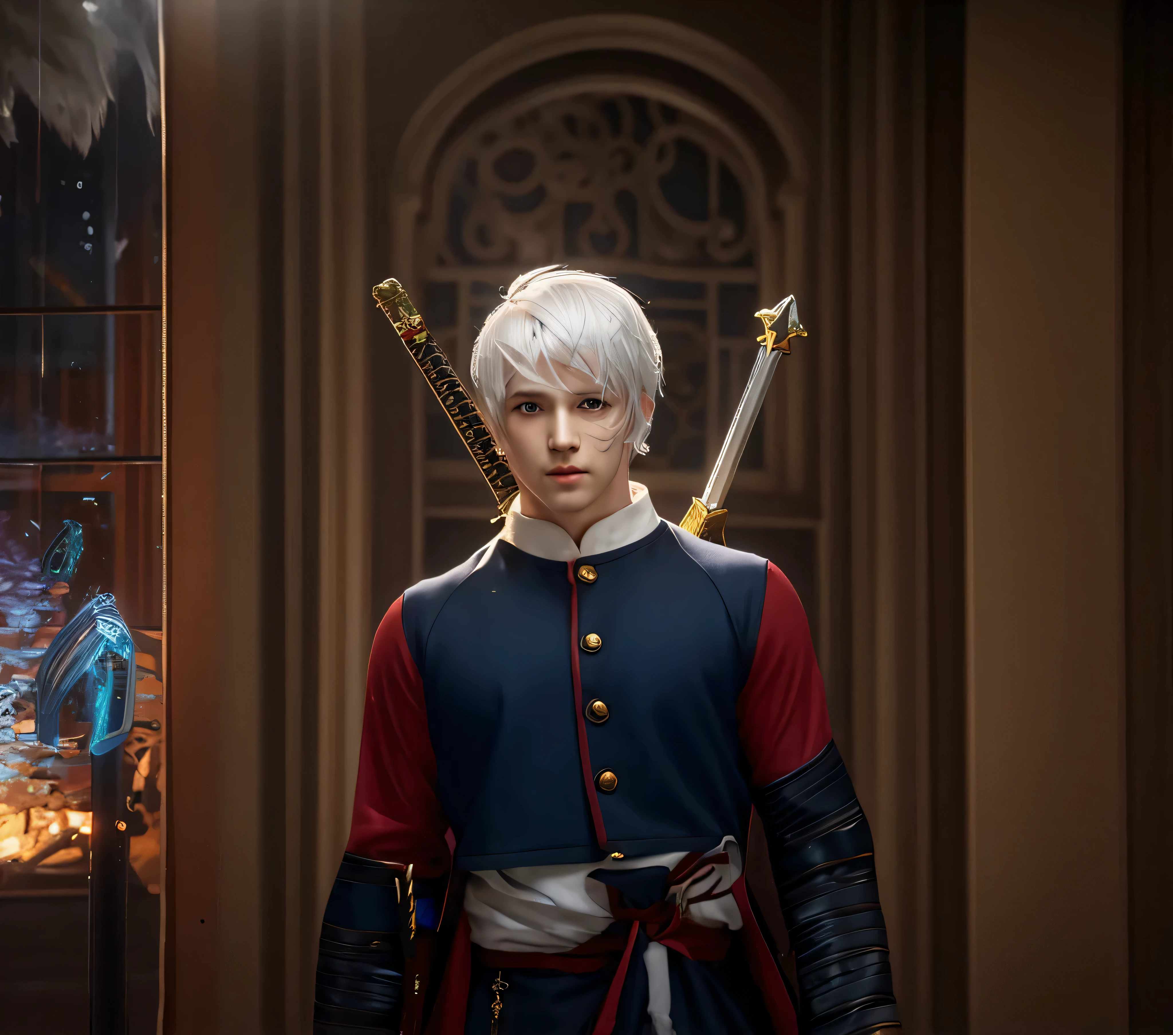 there is a man with white hair and a red shirt holding two swords, thancred waters in style of wlop, son of sparda, dual wielding two magical swords, holding a magic staff, wielding a magic staff, realistic lance, wielding a magical sword, holding a fantasy sword, wielding twin swords, dante from devil may cry 2 0 0 1