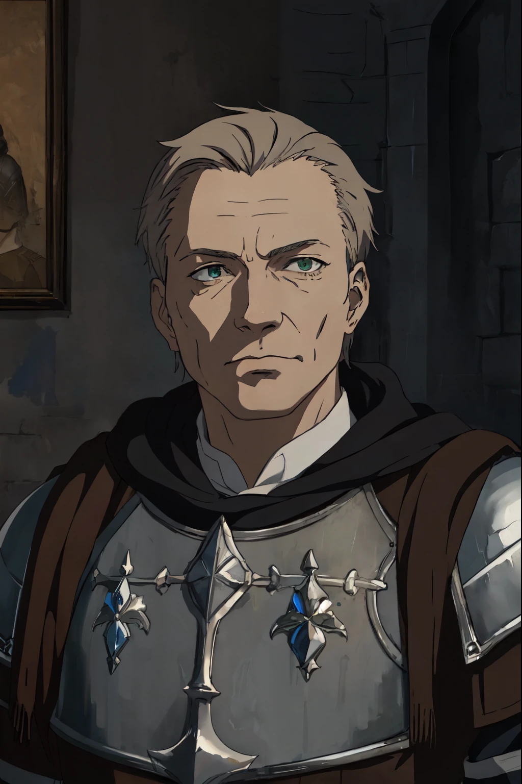 there is a painting of a man, portrait style,  drawn and painted in high resolution, Dark Souls, Miyazaki inspired, medieval anime portrait, a man of some renown, 