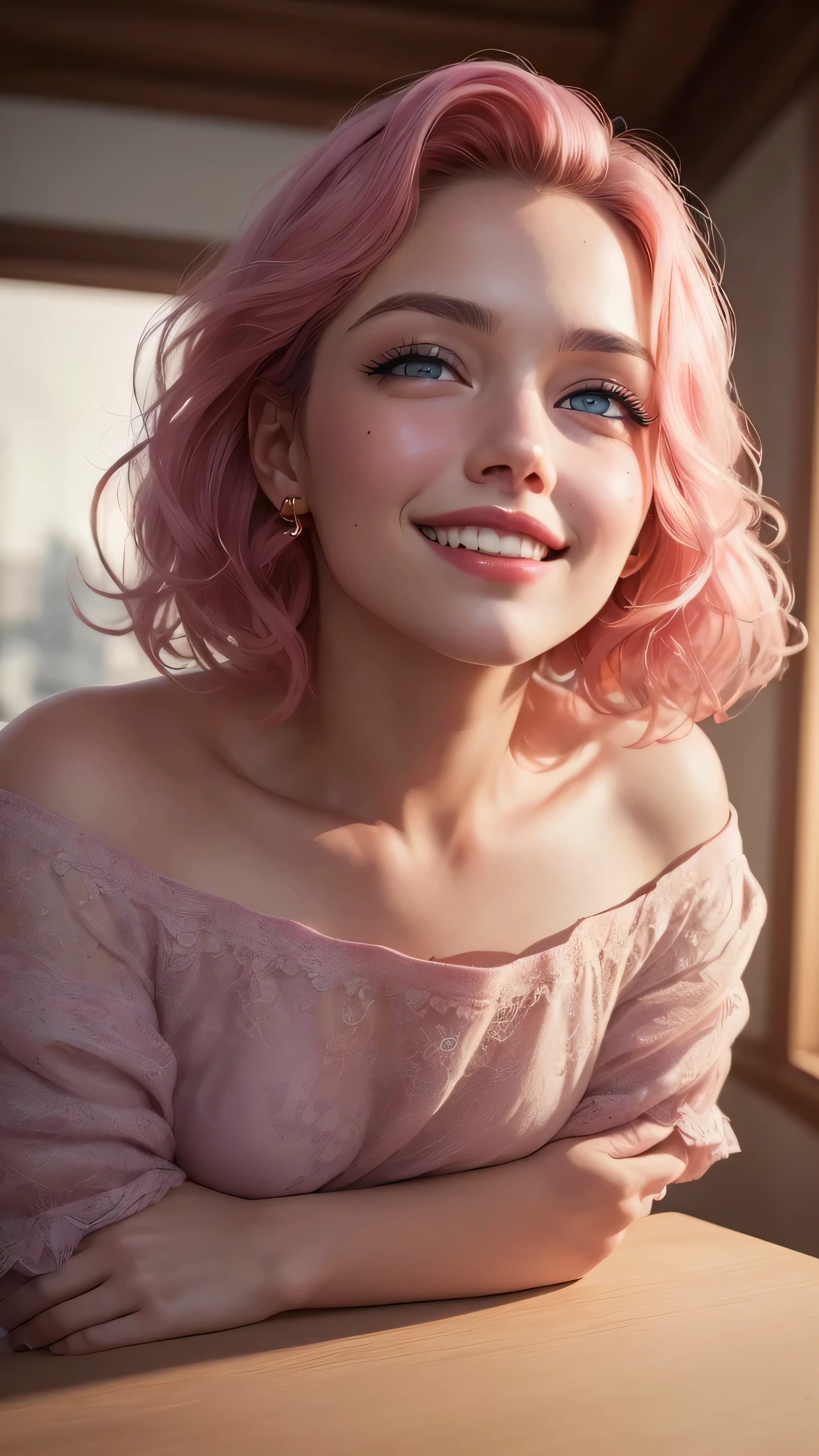 ((best quality: 1.5)) ((masterpiece: 0.8)), intricate details, sharp focus, professional, real life, realistic representation of the face, shadows, golden hour, dynamic pose, in the style of realistic and hyper detailed renderings BREAK (detailed 30 year old woman, (((portrait, cleft chin up), natural lips, short pink wavy hair)) ice blue eyes, soft gray sweater, ((shy, grinning, crowded cafe)))), photorealistic, hyper-realistic, 8K, blemish: 0.5