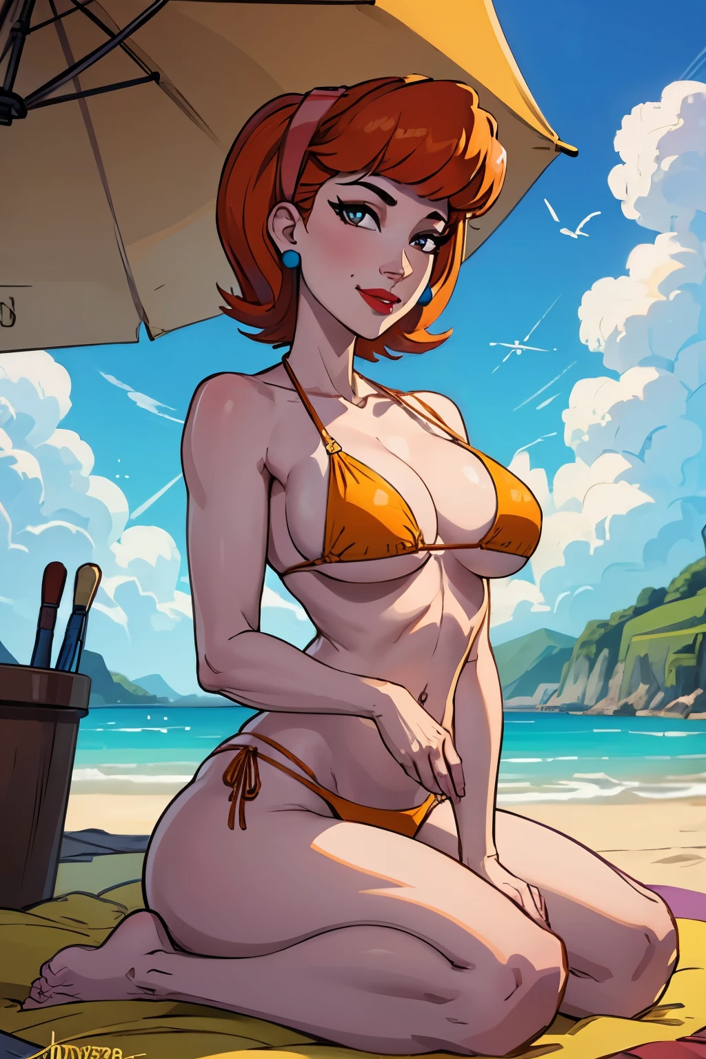 (masterpiece, best quality:1.2), linda_flynn-fletcher, 1girl, jewelry, earrings, solo, lipstick, hairband, makeup, breasts, large breasts, orange hair, short hair, crossed legs, smile, sitting, outdoors, beach, day, looking at viewer, wariza, sky, closed mouth, blue sky, umbrella, cloud, sand, seiza, beach umbrella,clivage ,((gstring bikini))